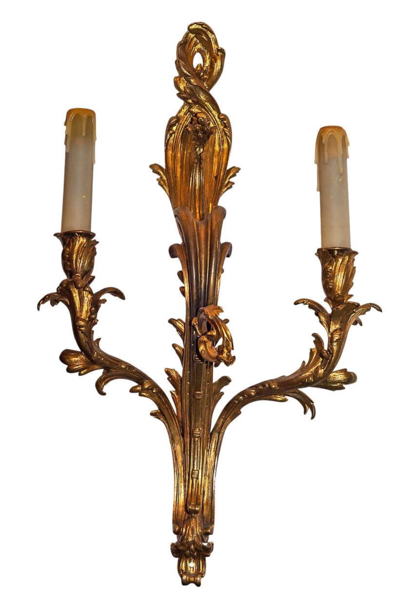 Pair of Louis XV Style Gilt Bronze Two-Arm Wall Light Sconces In Excellent Condition In New York, NY