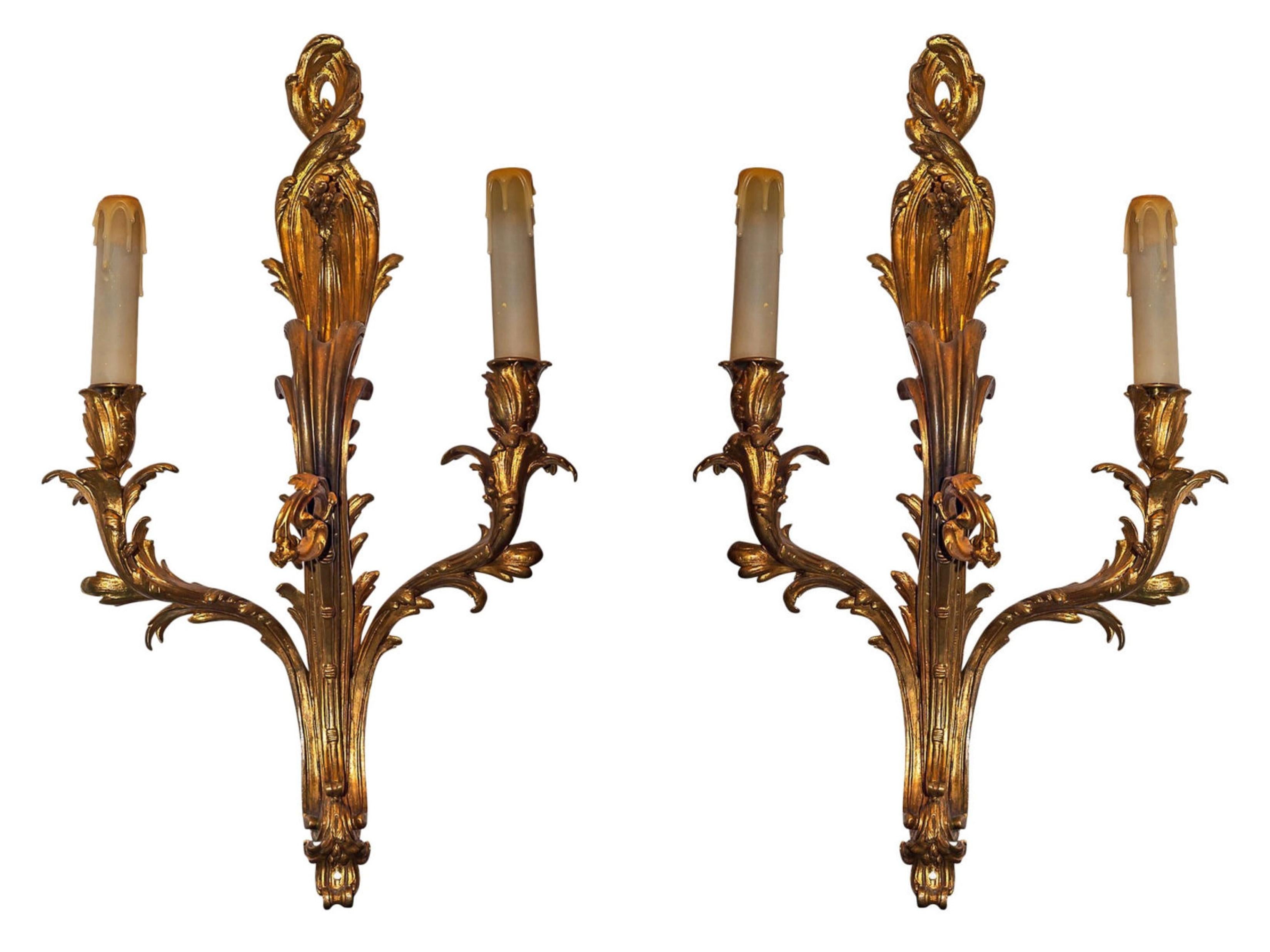 19th Century Pair of Louis XV Style Gilt Bronze Two-Arm Wall Light Sconces
