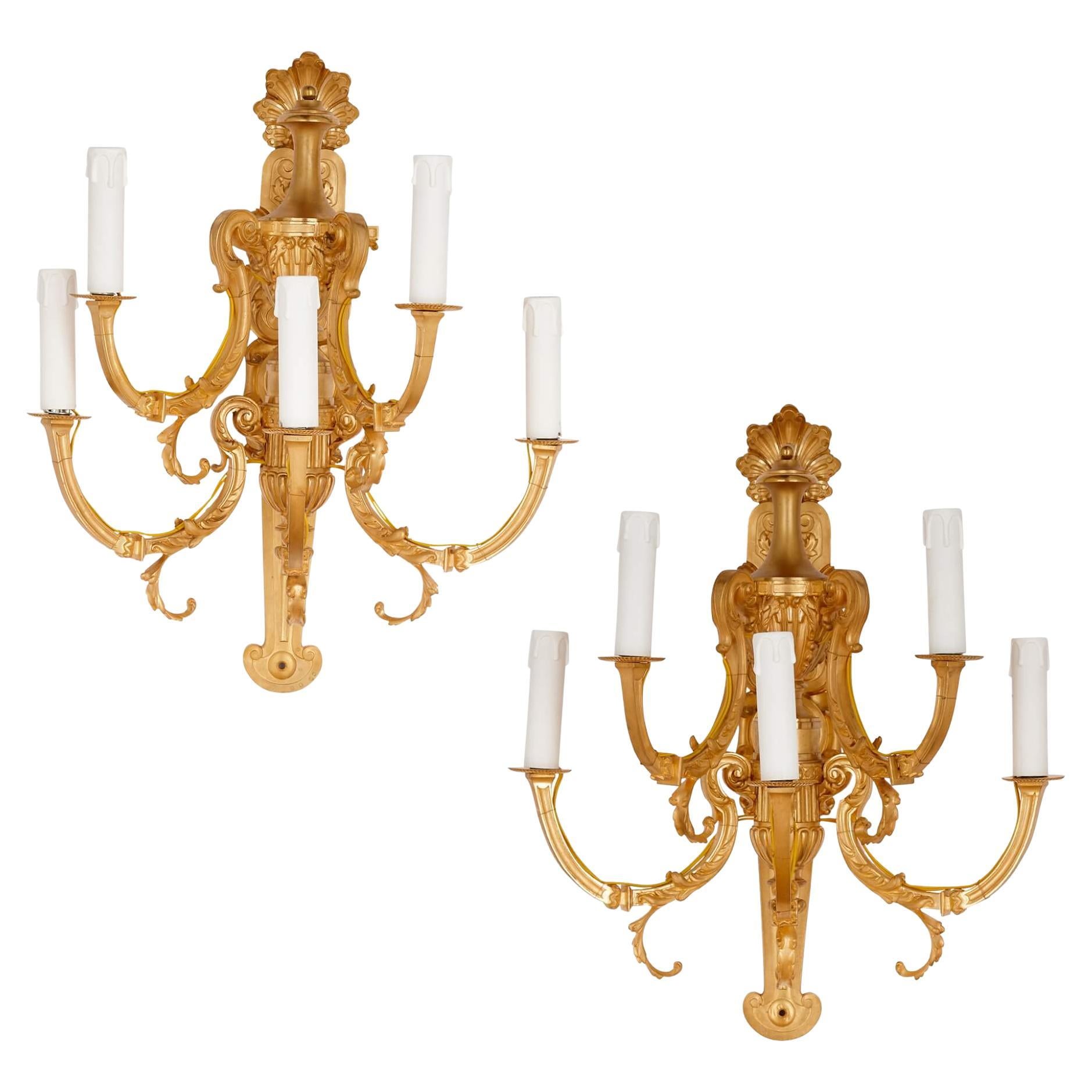 Pair of Louis XV Style Gilt-Bronze Wall Lights by Barbedienne For Sale