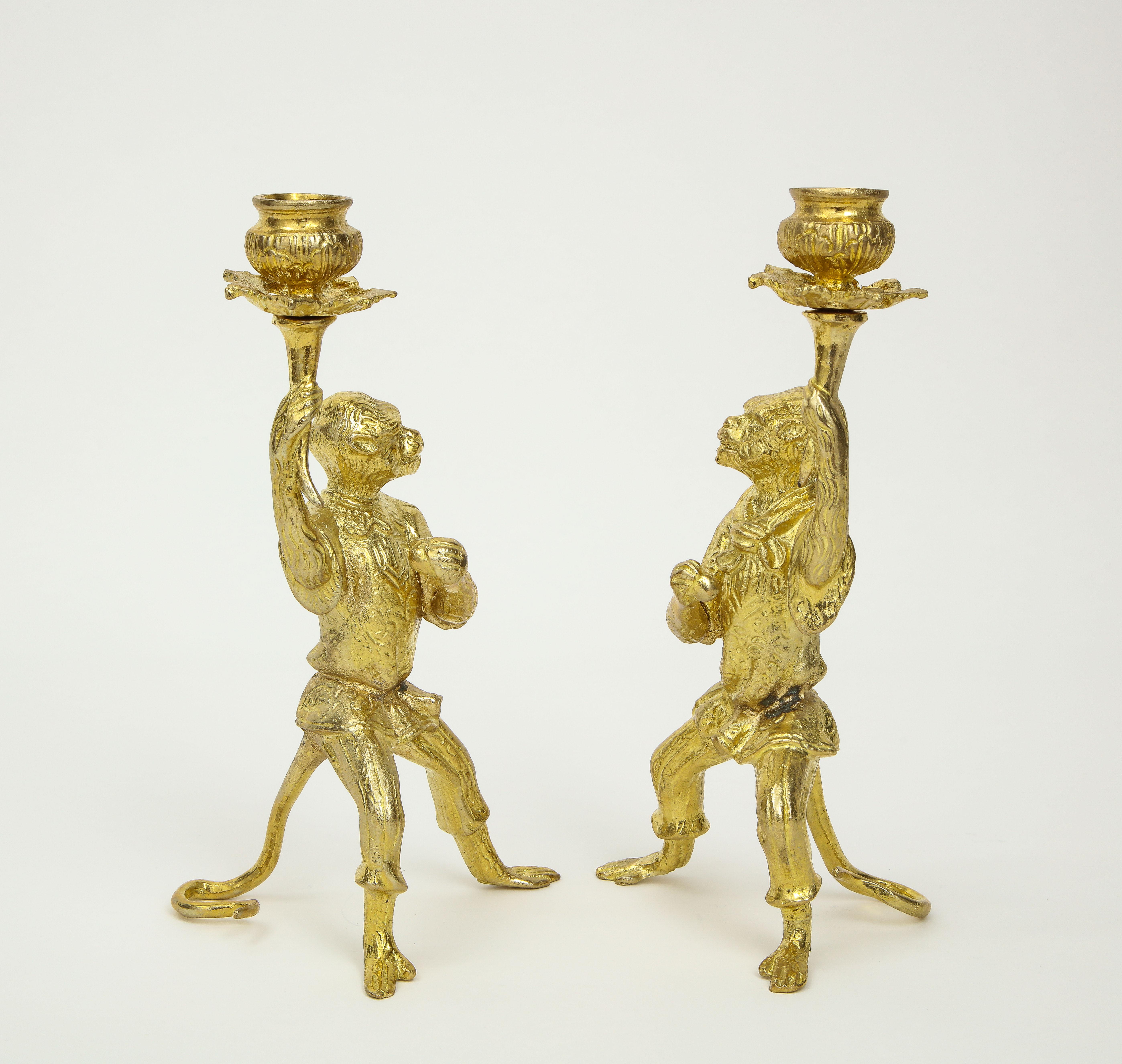 Pair of Louis XV Style Gilt Metal Monkey Candleholders In Good Condition In New York, NY