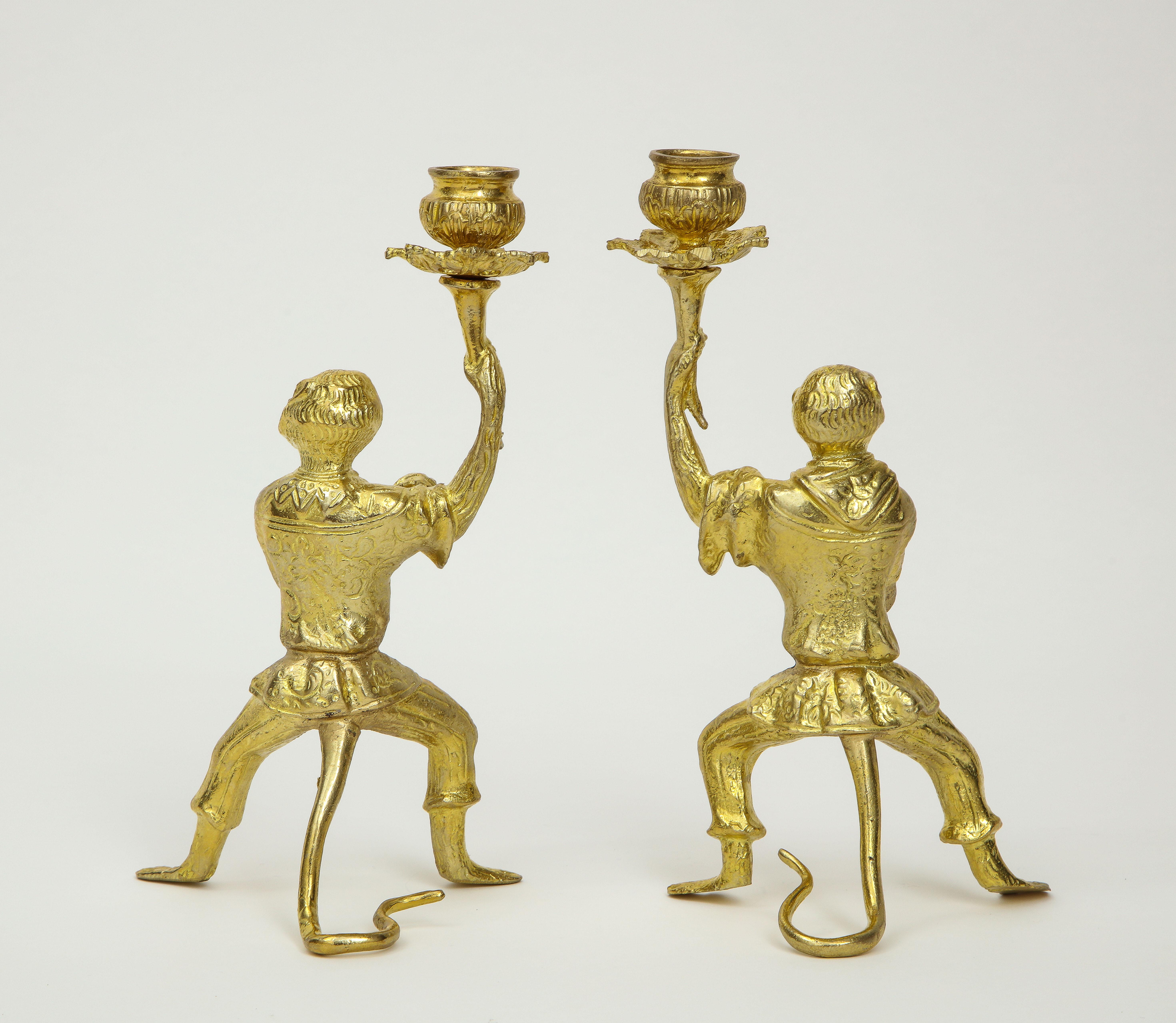 20th Century Pair of Louis XV Style Gilt Metal Monkey Candleholders