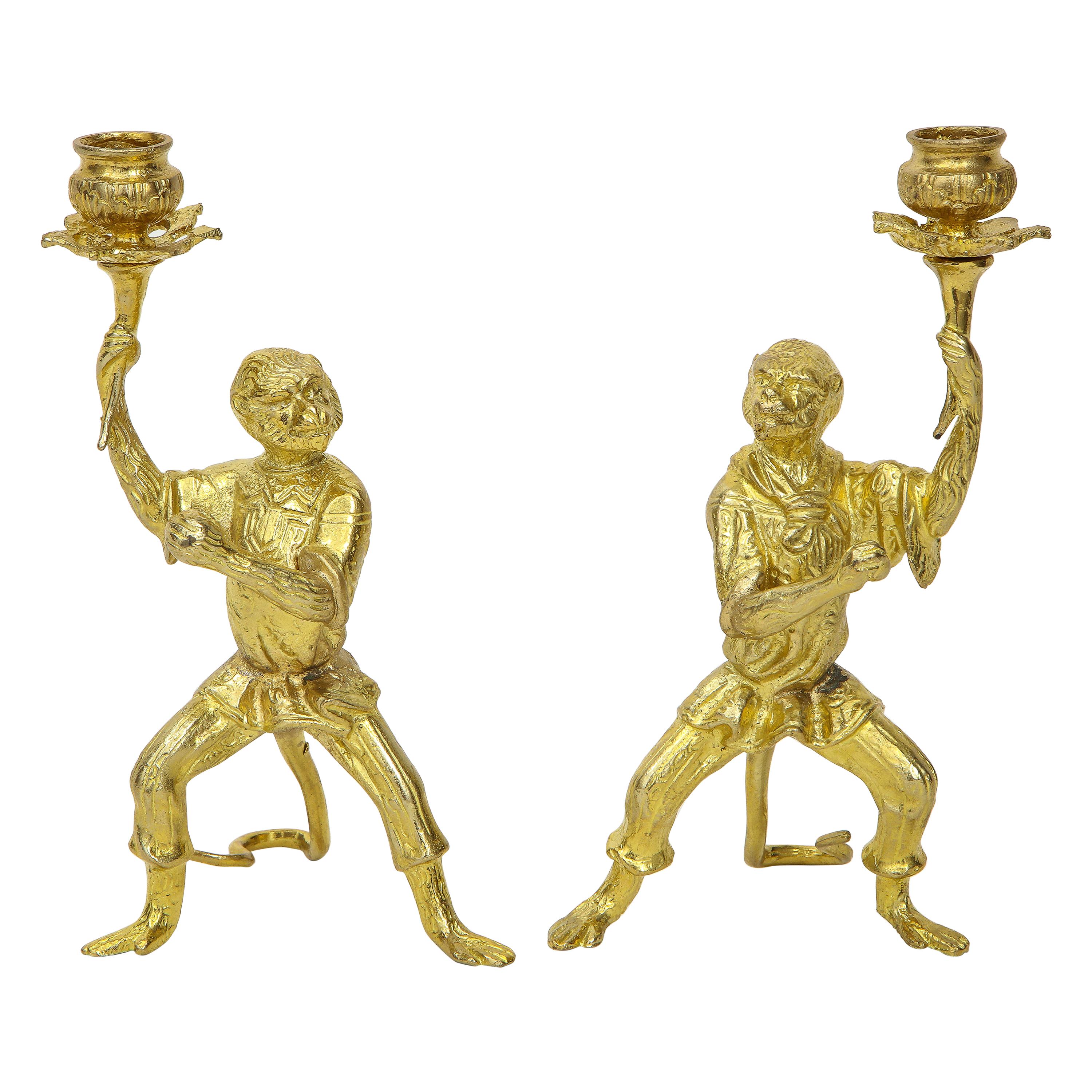 Pair of Louis XV Style Gilt Metal Monkey Candleholders