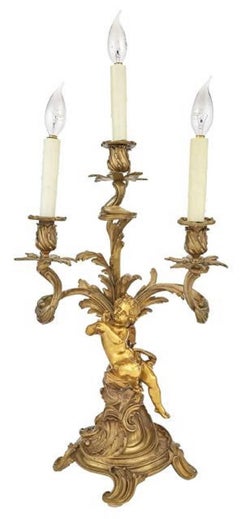 Pair of Louis XV Style Gilt-Metal Three-Light Candelabras with Cherub Motif