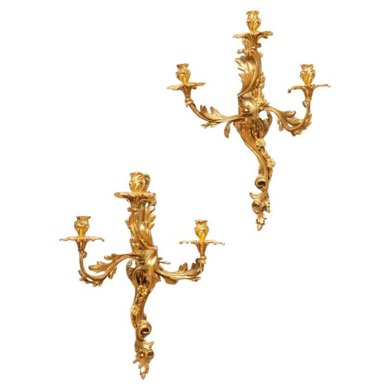 Pair of Louis XV Style Gilt-Metal Three-Light Sconces For Sale