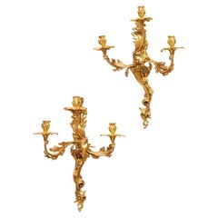 Pair of Louis XV Style Gilt-Metal Three-Light Sconces