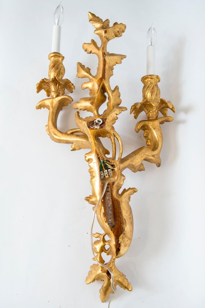Paar vergoldete, zweiflammige Wandleuchter im Stil Louis XV im Angebot 1