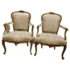 Pair of Louis XV-Style Giltwood and Parcel Paint Arm Chairs, 19 Th Century