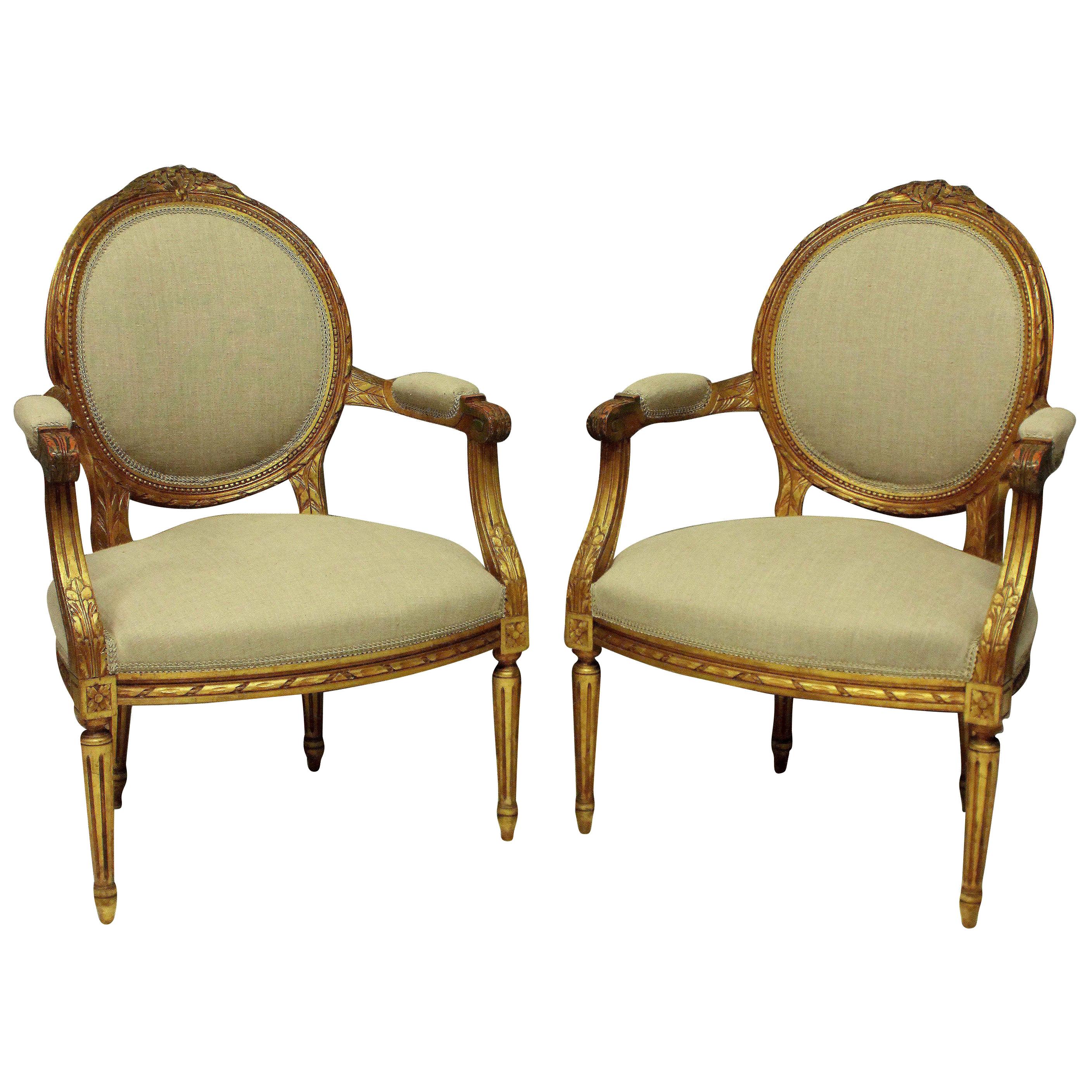 Pair of Louis XV Style Giltwood Armchairs
