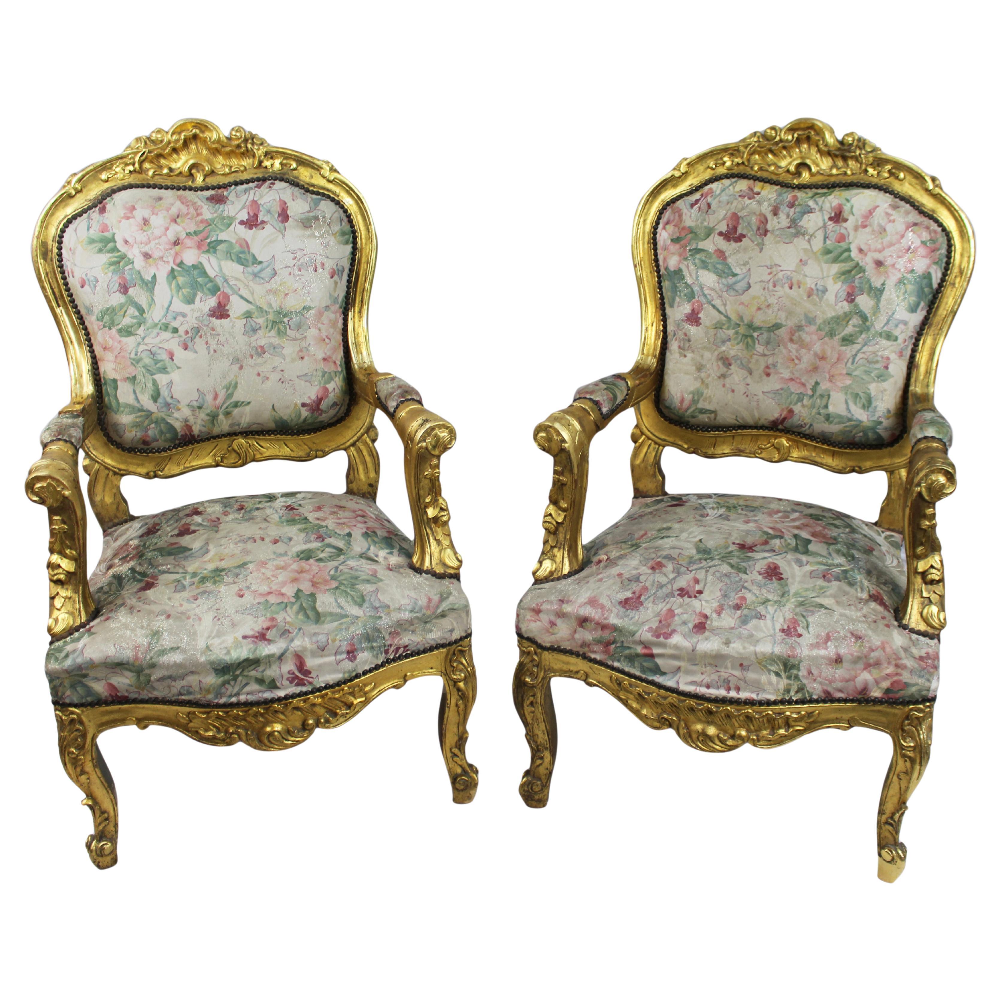 Pair of Louis XV Style Giltwood Armchairs