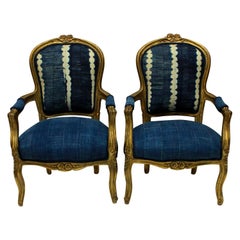Pair of Louis XV Style Giltwood Armchairs in African Mudcloth