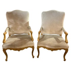 Pair of Louis XV-Style Giltwood Armchairs with Arched Back