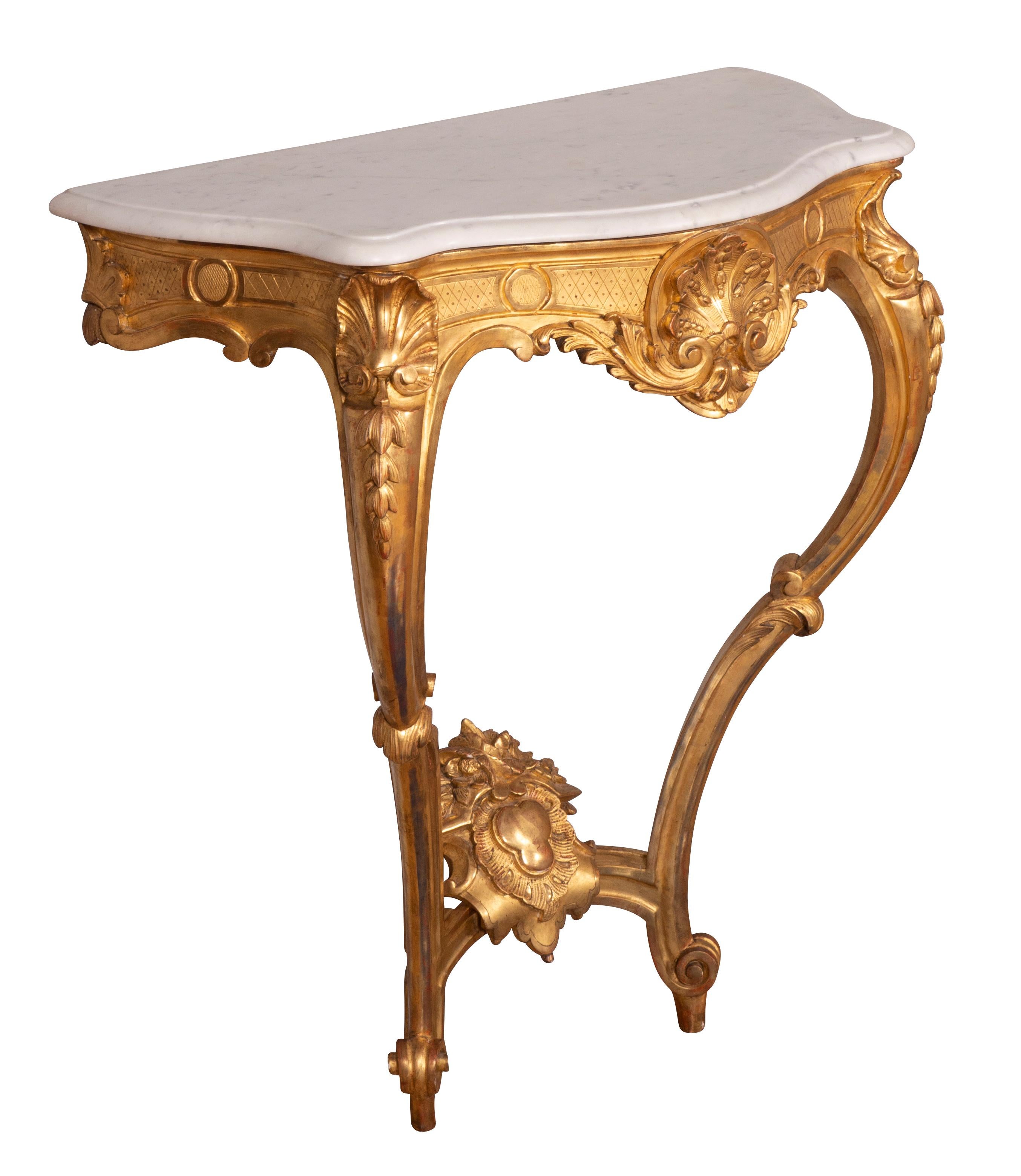 French Pair of Louis XV Style Giltwood Console Tables