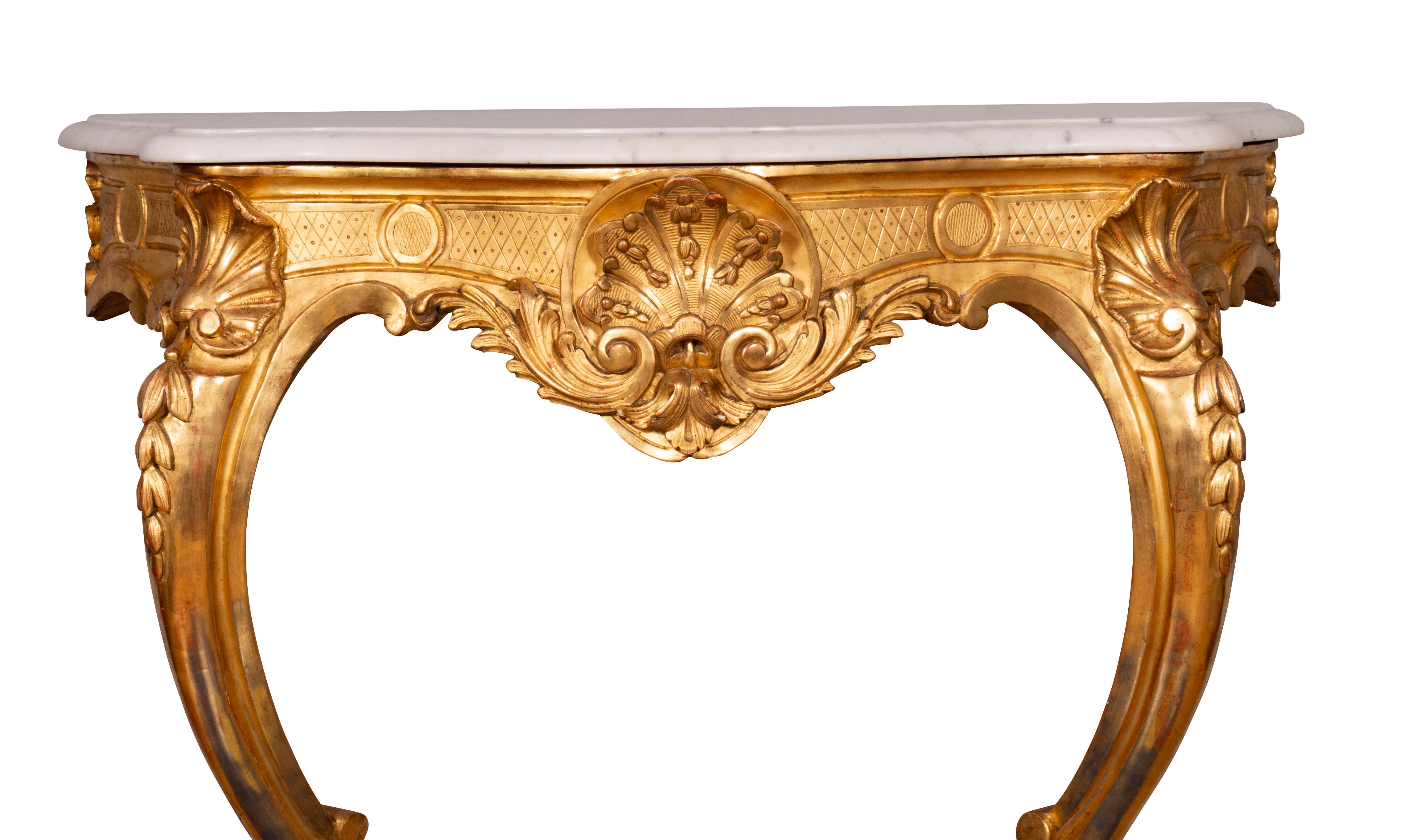 Carrara Marble Pair of Louis XV Style Giltwood Console Tables