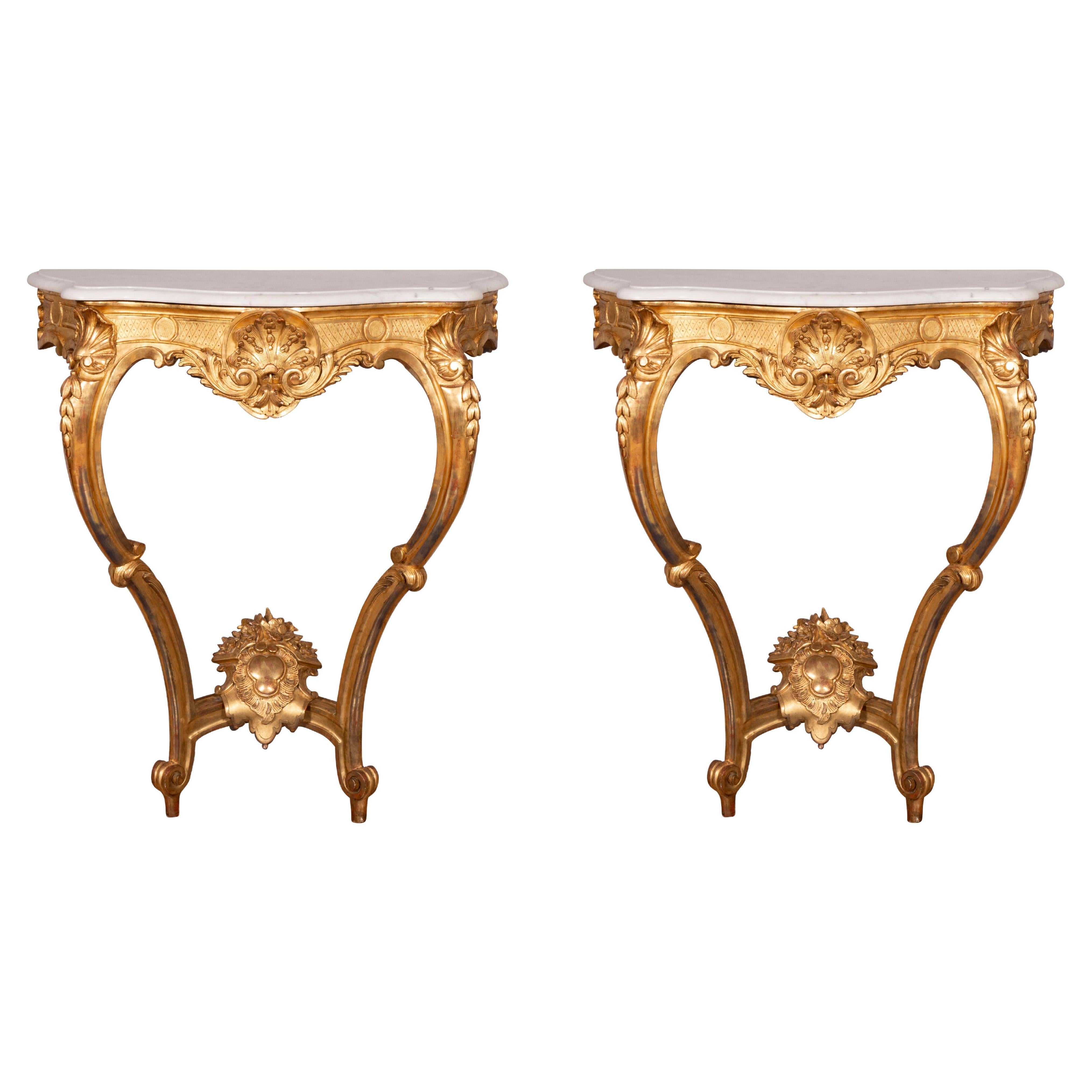 Pair of Louis XV Style Giltwood Console Tables