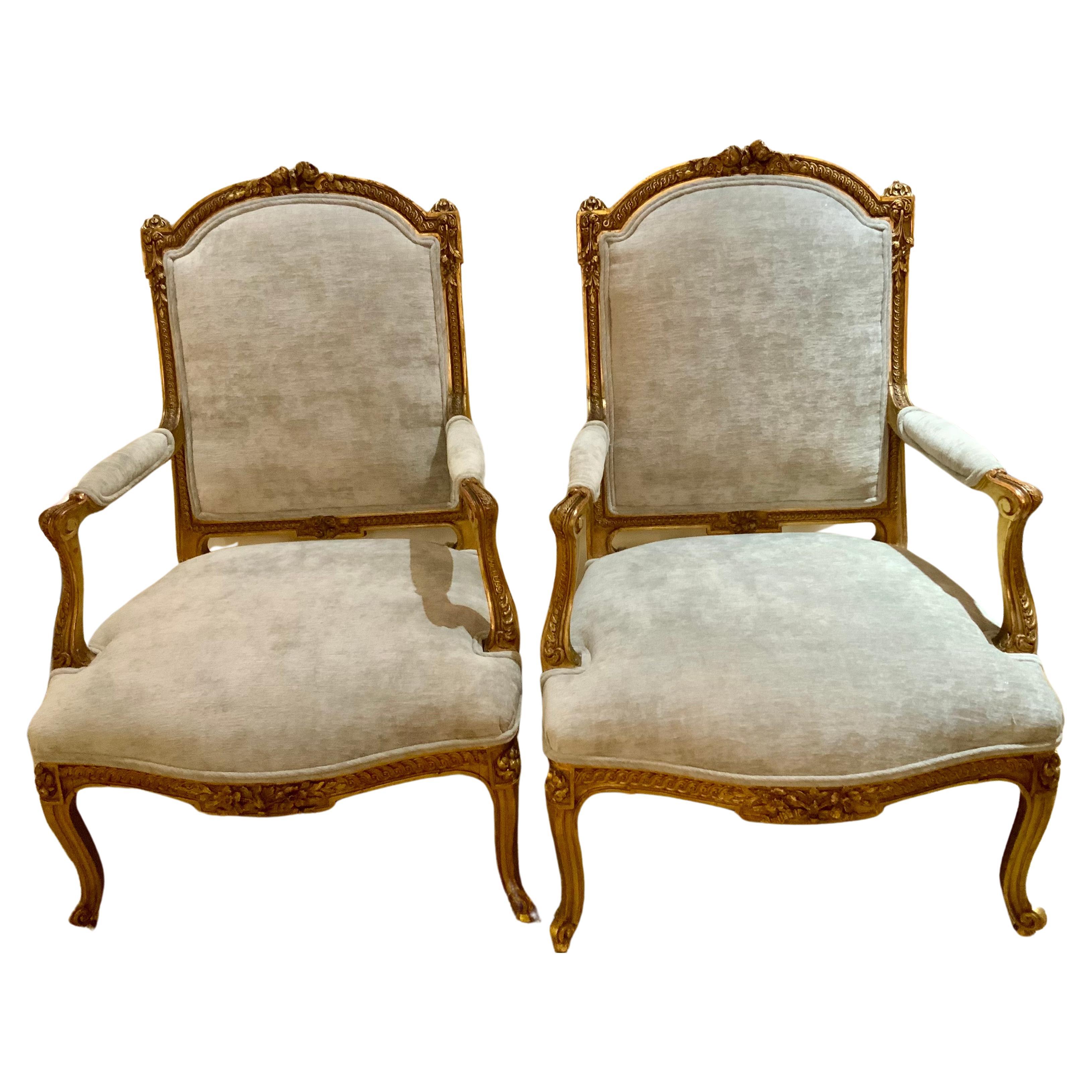 Pair of Louis XV-Style Giltwood Fauteuils/arm chairs For Sale