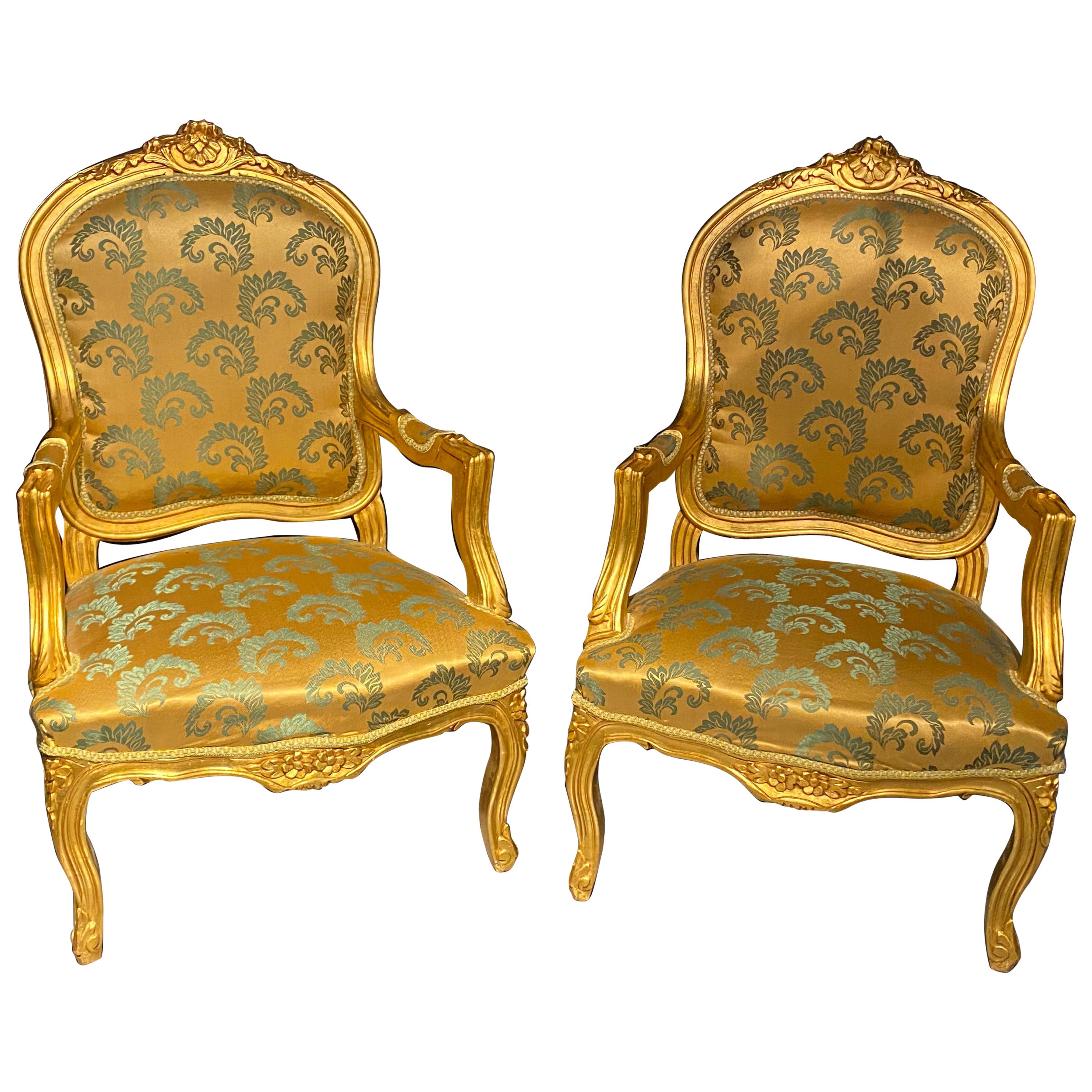 Pair of Louis XV Style Giltwood Fauteuils or Armchairs