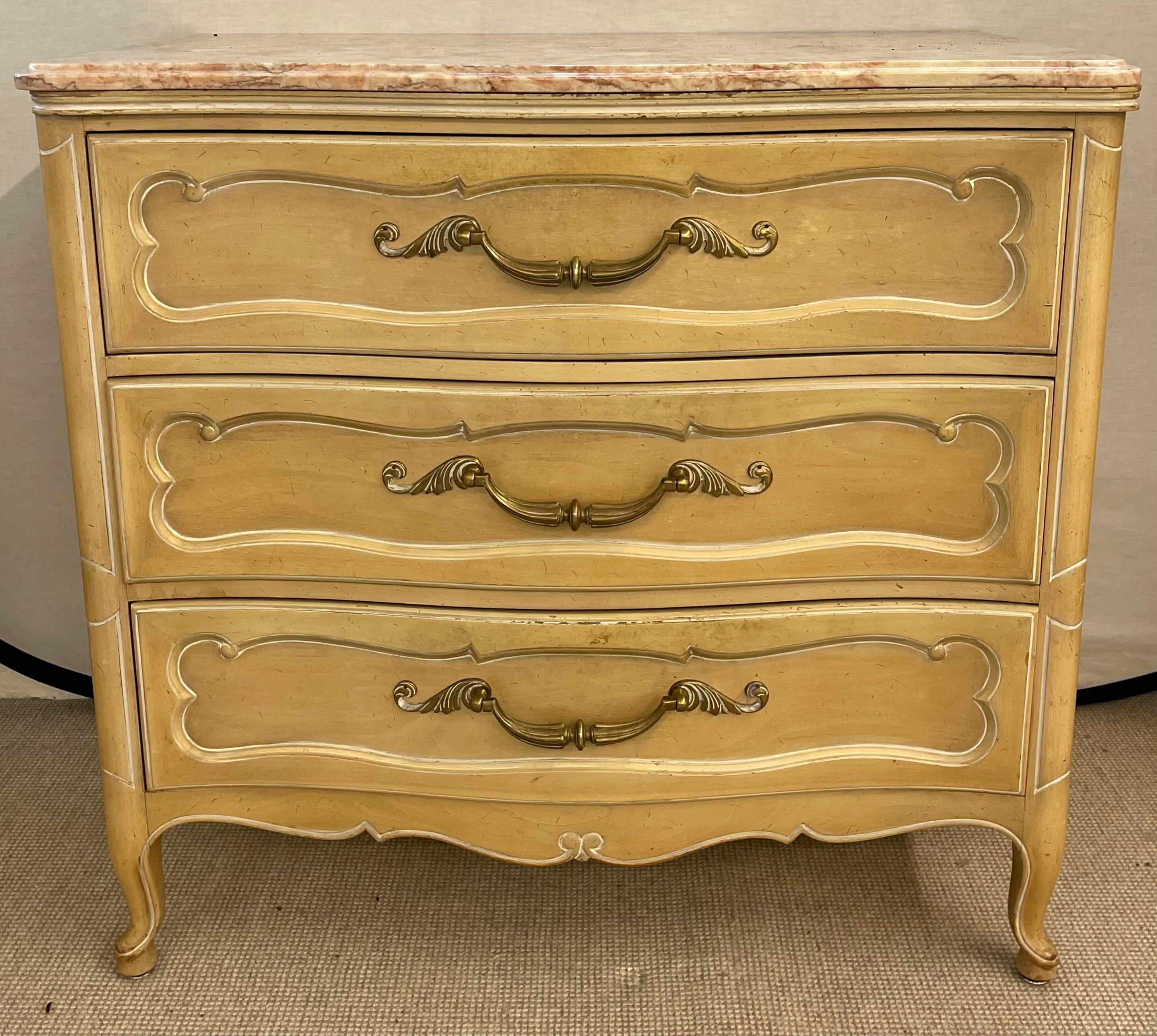 Pair Of Louis XV Style Grosfeld House Marble-Top Distressed Four-Drawer Commodes In Good Condition For Sale In Stamford, CT