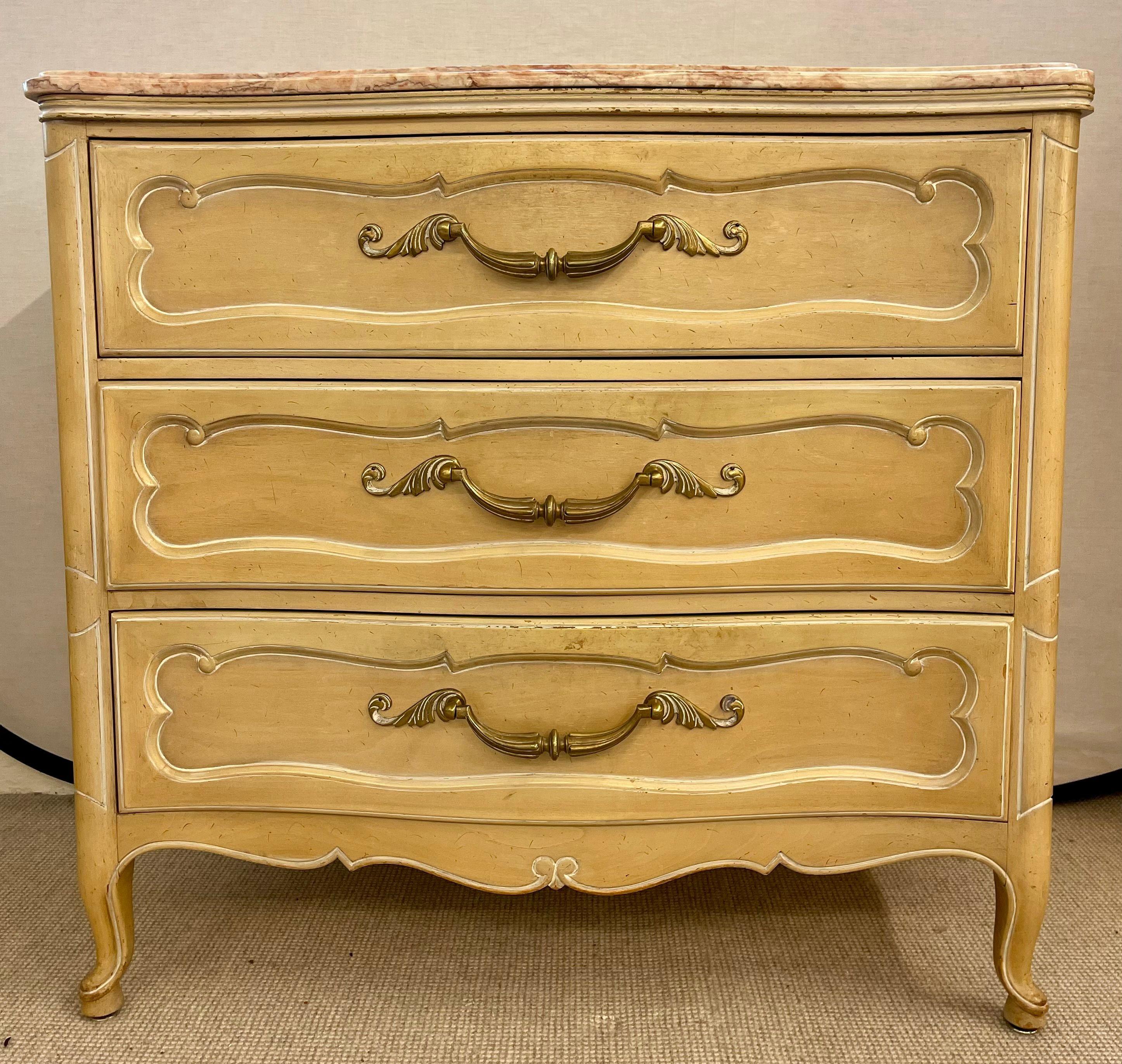 Pair Of Louis XV Style Grosfeld House Marble-Top Distressed Four-Drawer Commodes For Sale 1