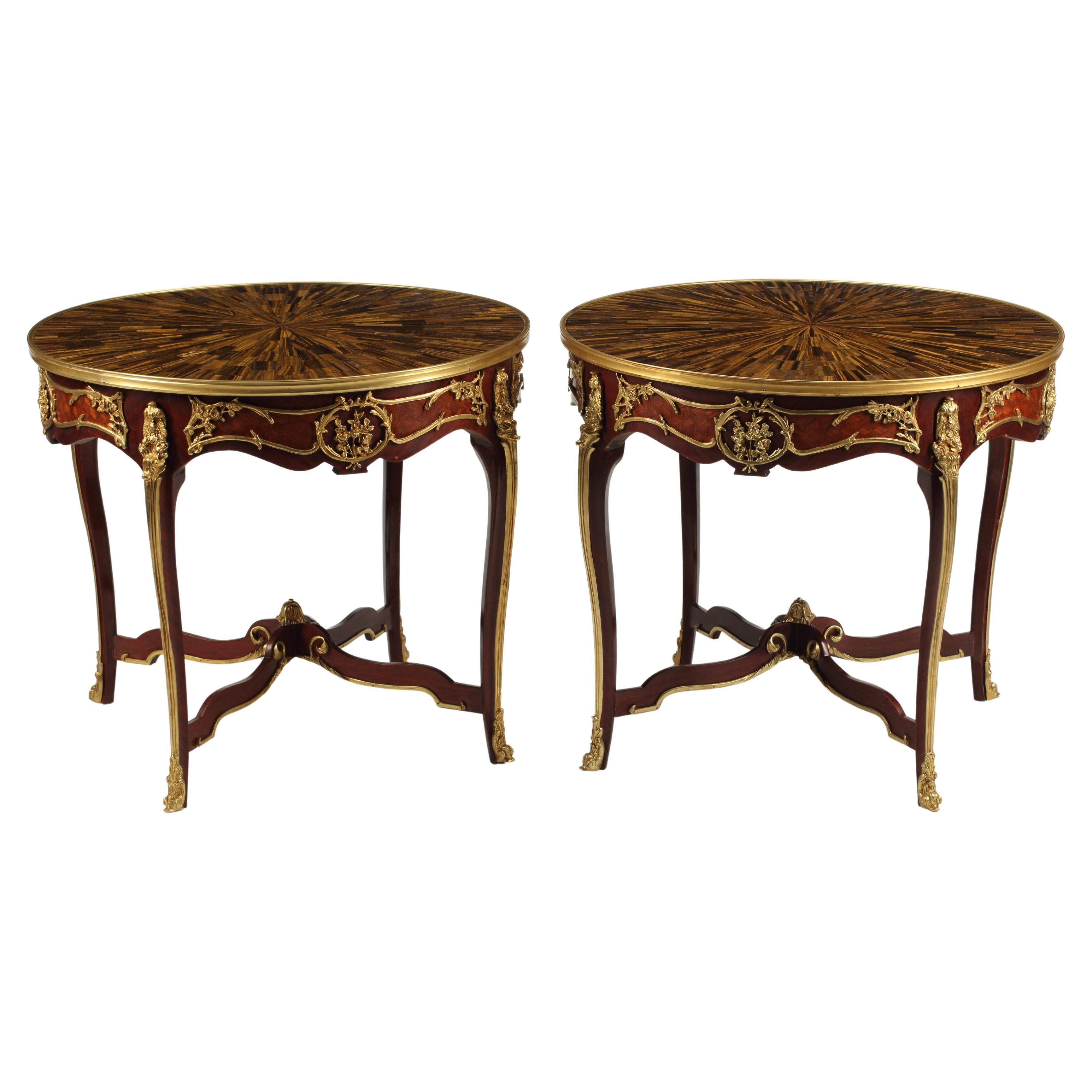 Pair of Louis XV Style Gueridons with Tiger's Eye Table Tops