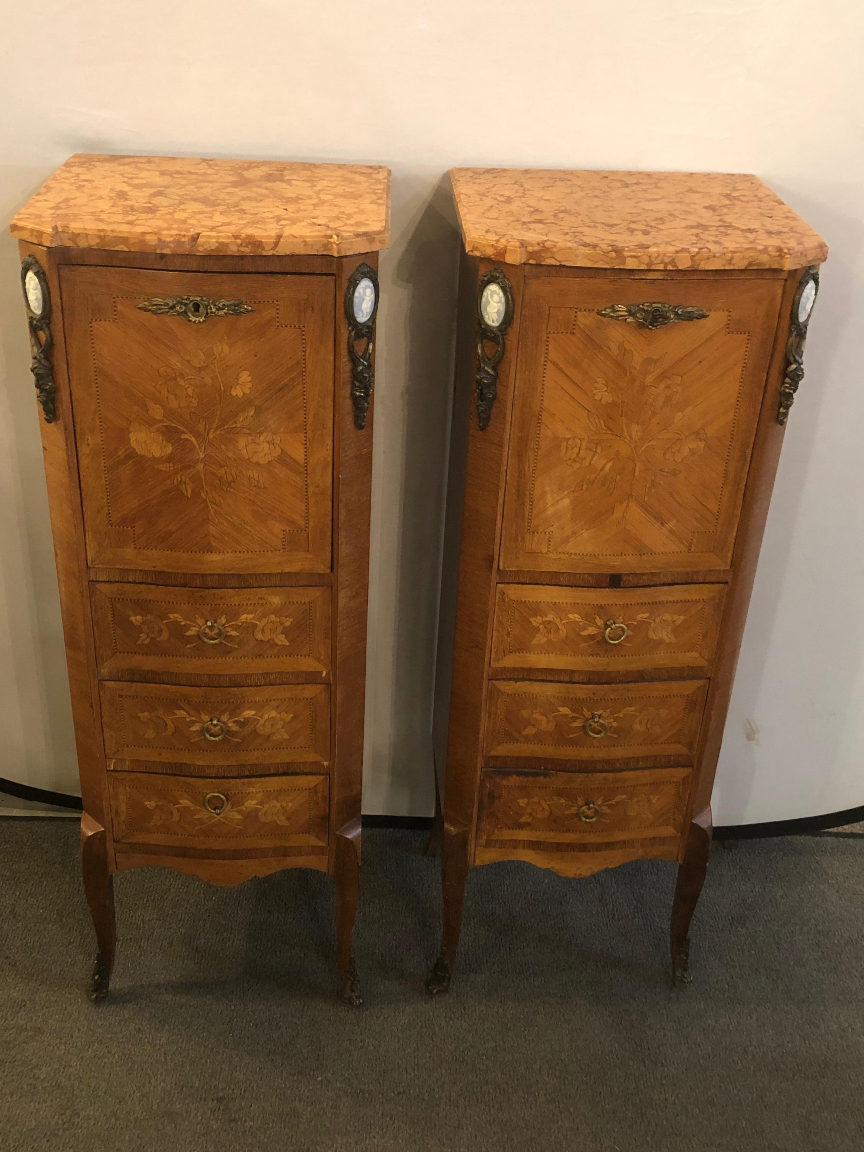 Pair of Louis XV Style Inlaid Secretaries Marble Top 7