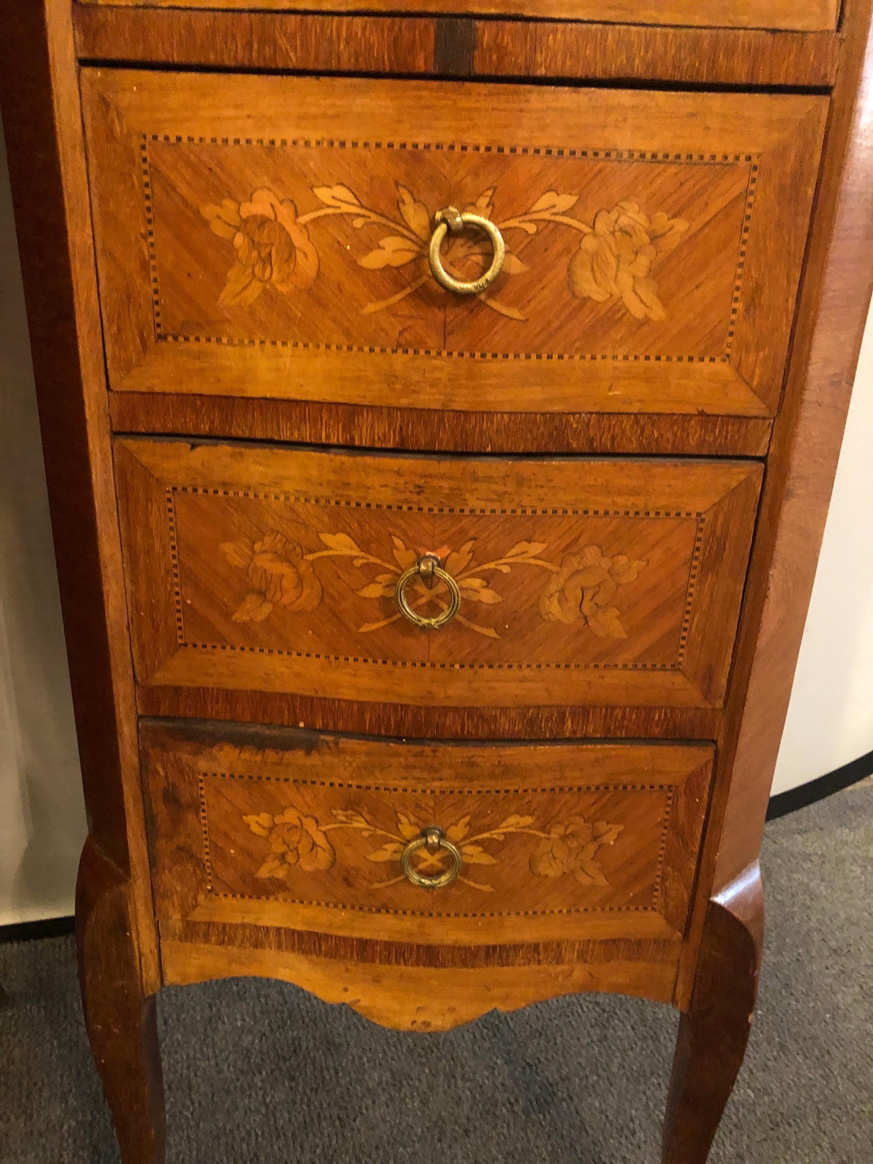 Pair of Louis XV Style Inlaid Secretaries Marble Top 3