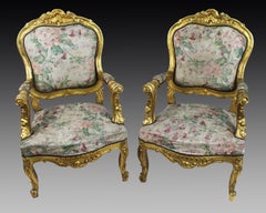 Pair of Louis XV Style Italian Giltwood Fauteuils