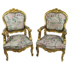 Pair of Louis XV Style Italian Giltwood Fauteuils