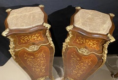 Pair of Louis XV Style Kingwood Marble Top Pedestals w/ Foliate Marquetry Inlay