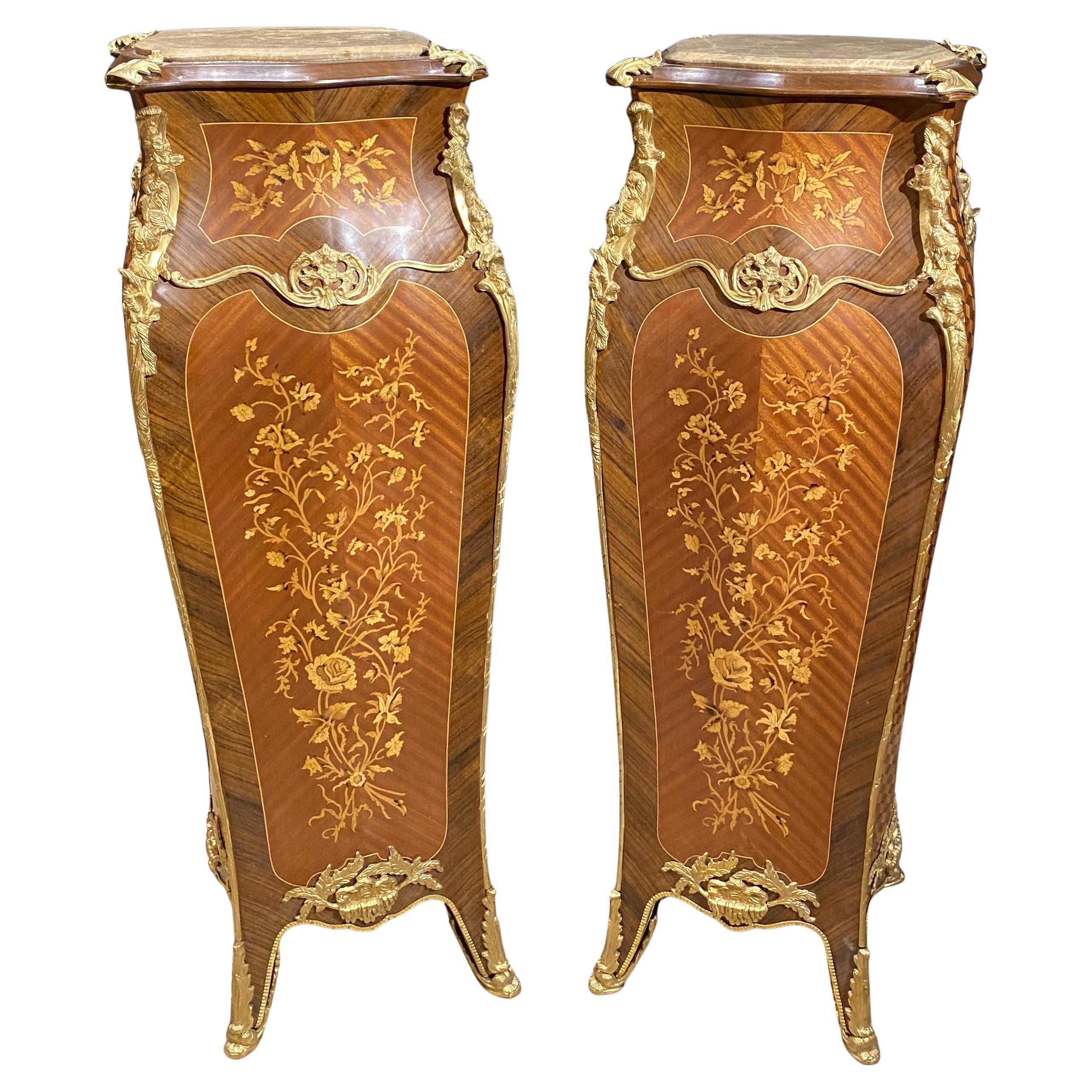 Paire de piédestaux en bois de roi de style Louis XV avec incrustation de marqueterie de feuillage