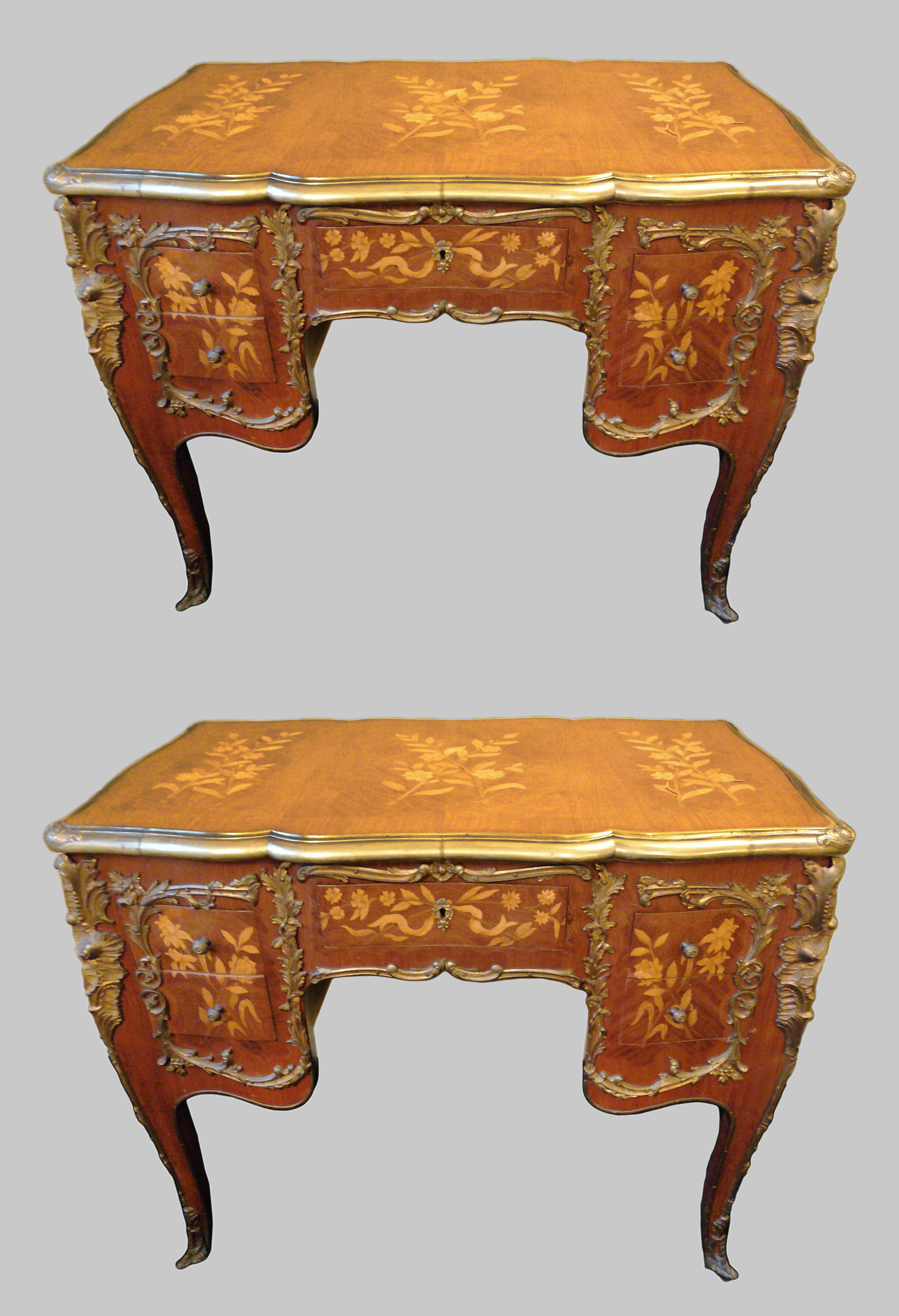 Pair of Louis XV style kingwood & marquetry brass bound desks


Measures: Width 93 cm 36 1/2 in

Depth 59 cm 23 1/4 in

Height 76 cm 30 in
 

Style French, Louis XV style, 20th c.

Wood Kingwood & marquetry

Condition Good condition,