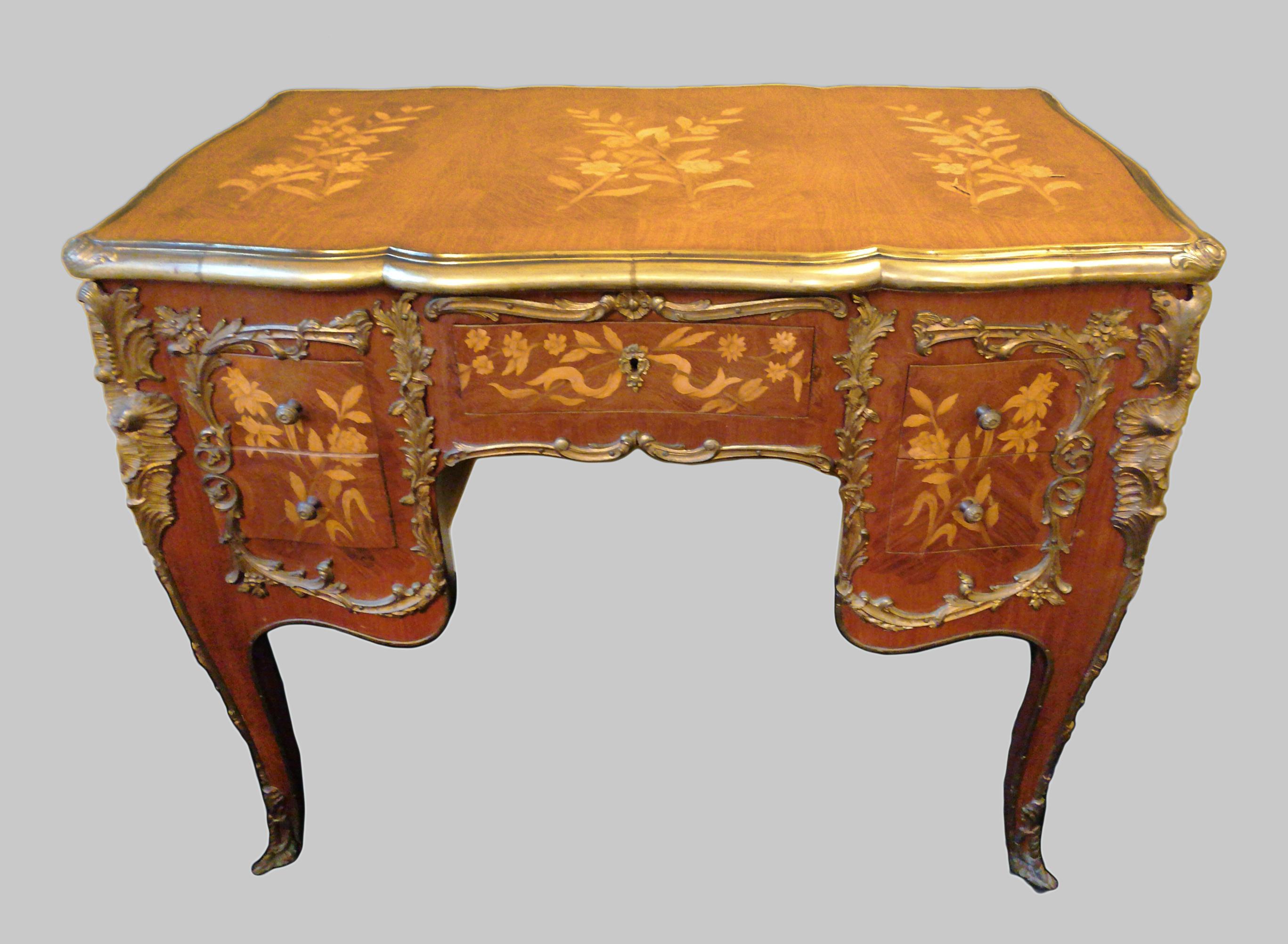French Pair of Louis XV Style Kingwood & Marquetry Brass Bound Desks For Sale