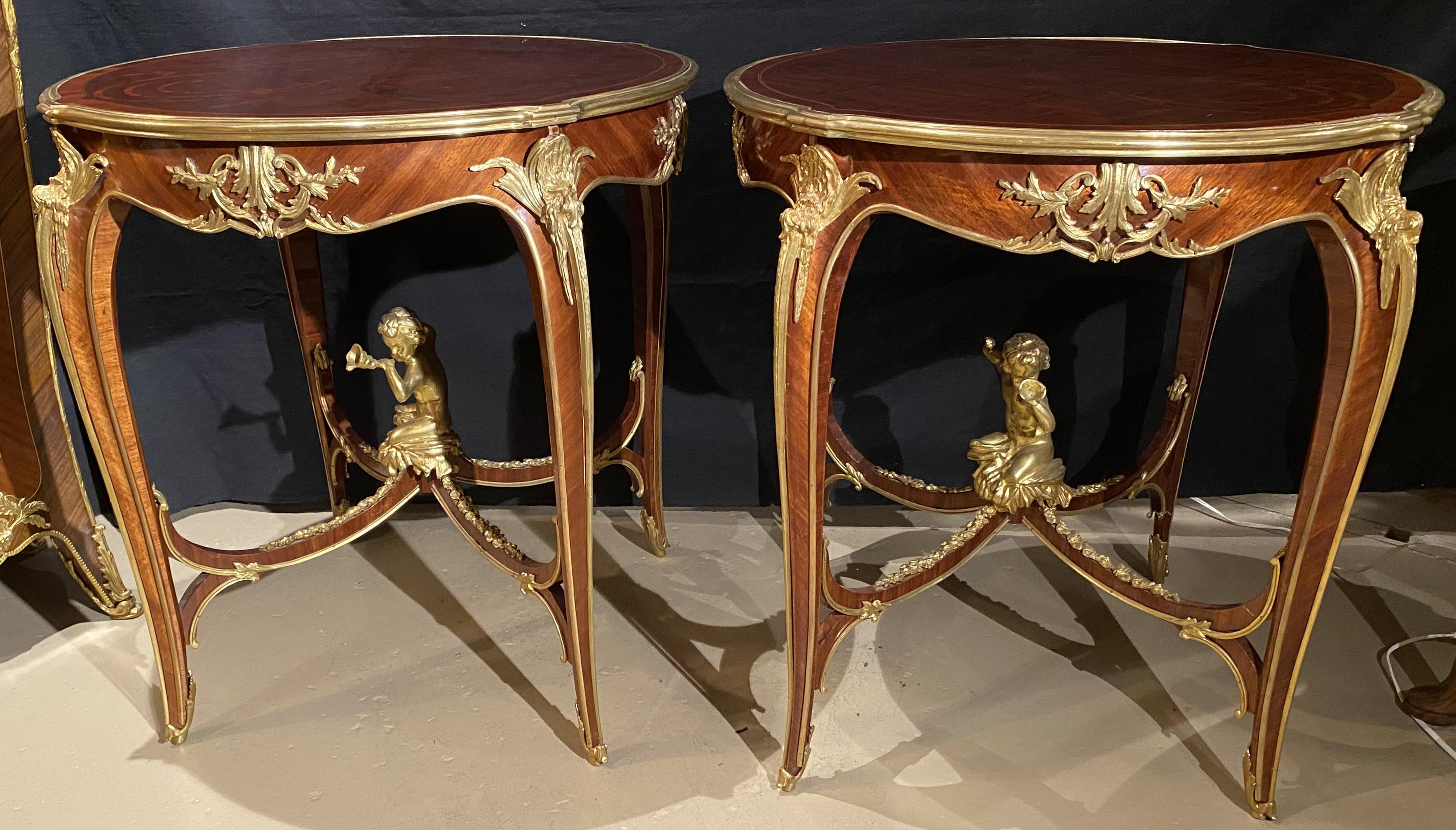Pair of Louis XV Style Kingwood Round Center Tables with Gilt Bronze Mounts For Sale 4