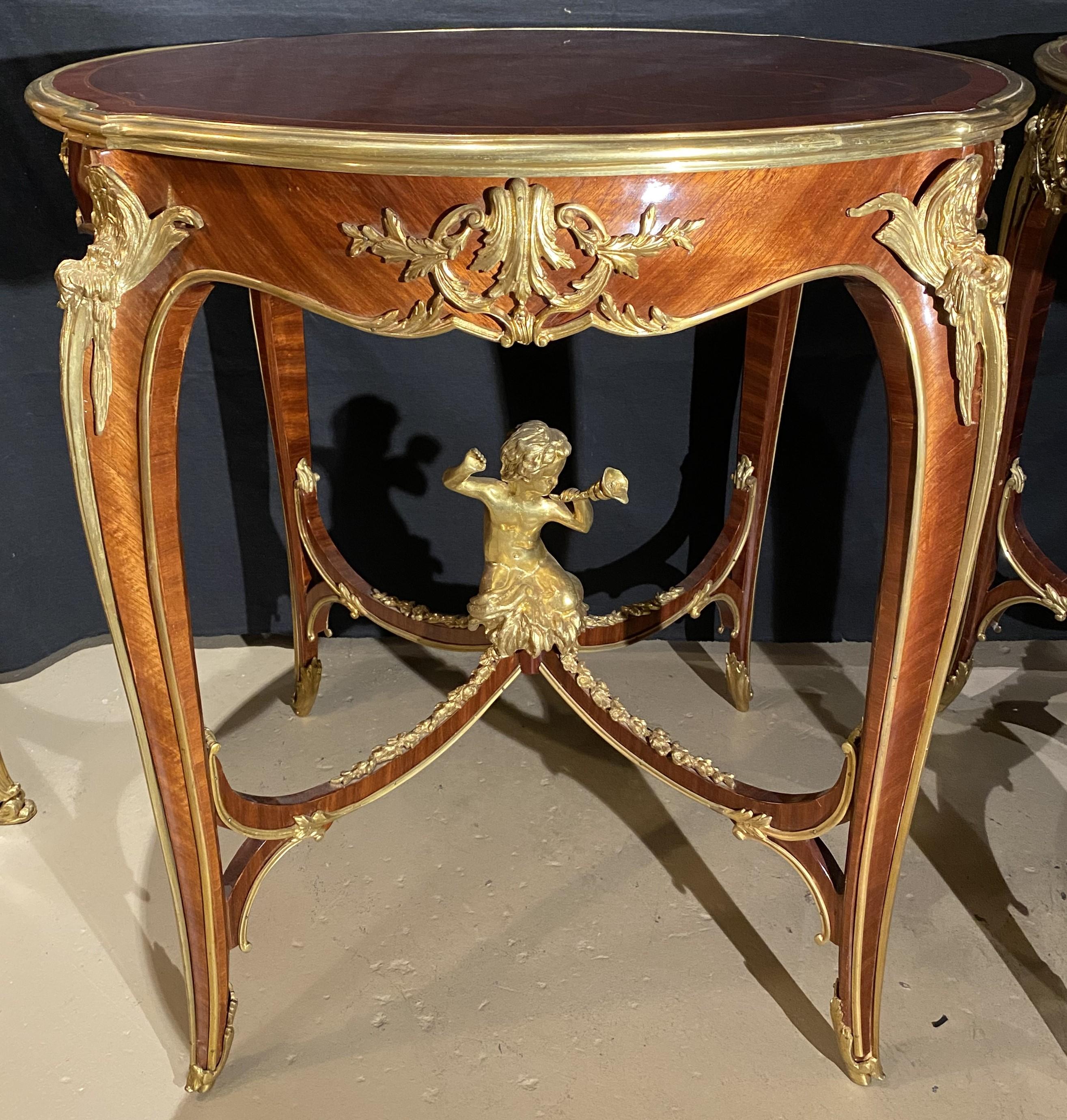 European Pair of Louis XV Style Kingwood Round Center Tables with Gilt Bronze Mounts For Sale