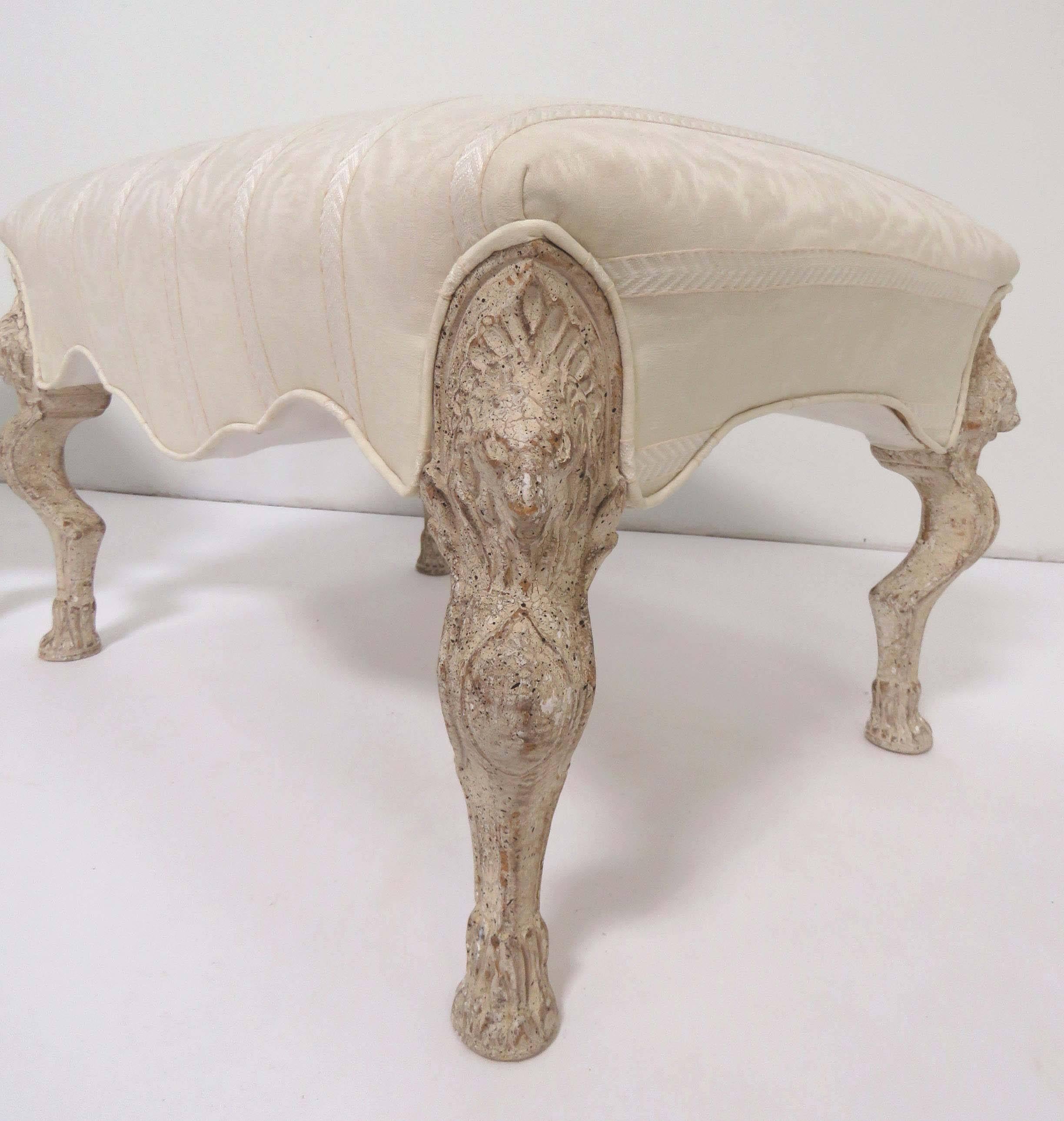 Pair of Louis XV Style Large Stools in Limed Wood with Carved Griffins In Good Condition In Peabody, MA