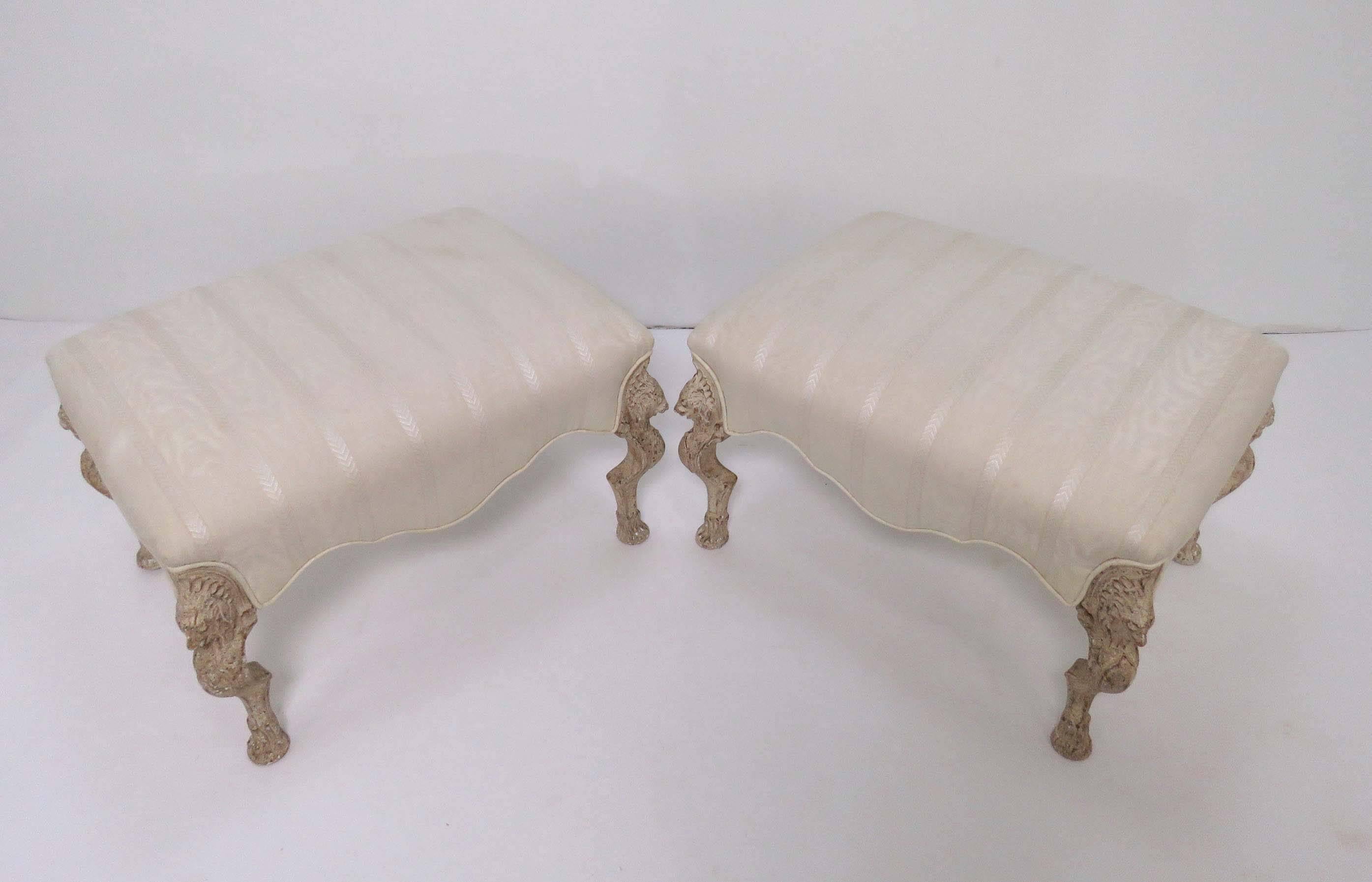 Pair of Louis XV Style Large Stools in Limed Wood with Carved Griffins 1
