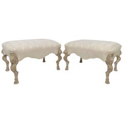 Pair of Louis XV Style Large Stools in Limed Wood with Carved Griffins