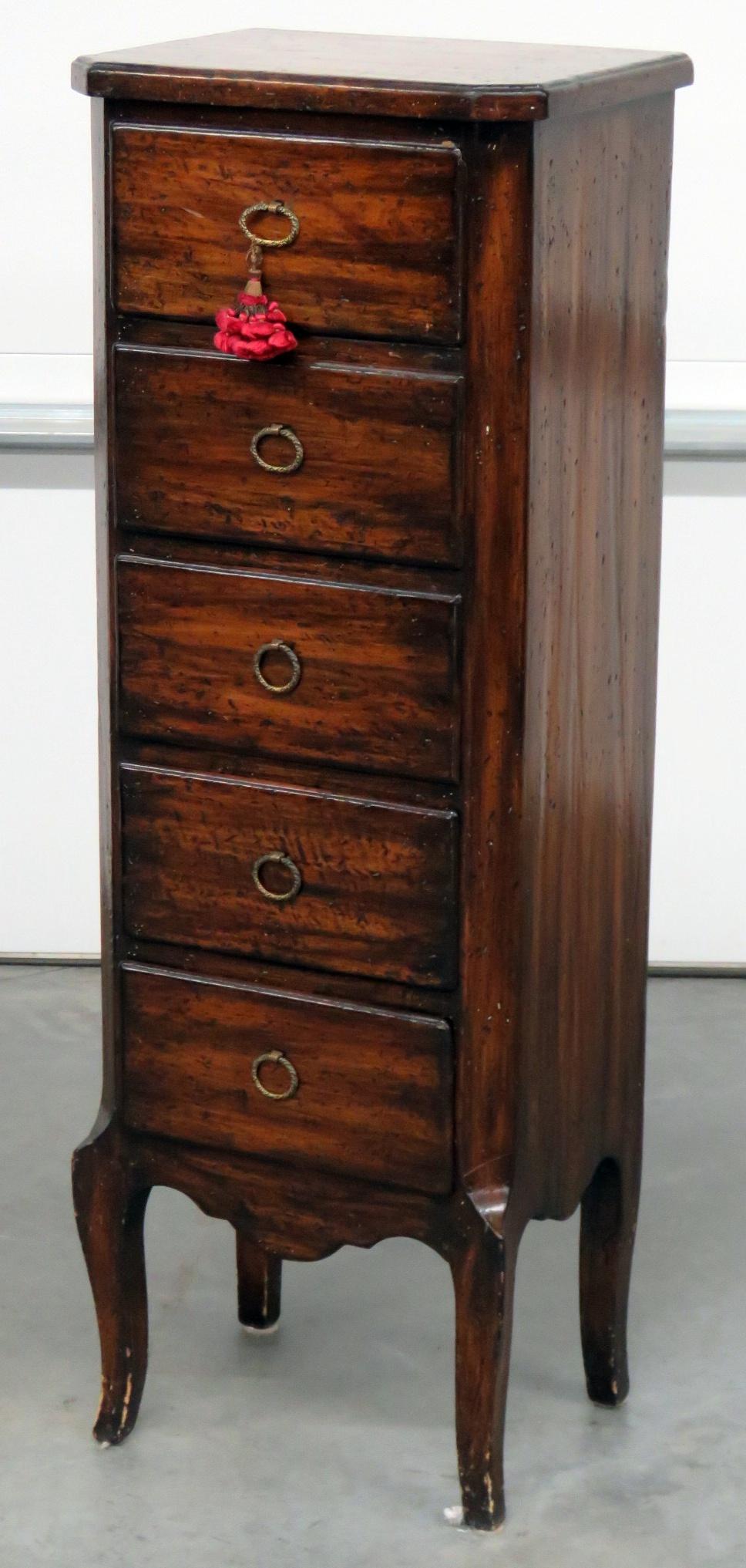 Pair of distressed Louis XV style 5-drawer lingerie chests.