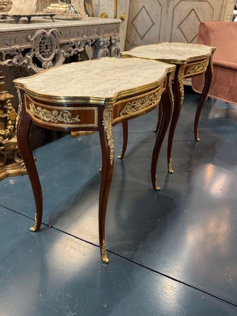 Pair of Louis XV Style Mahogany and Gilt Bronze Tables For Sale 1