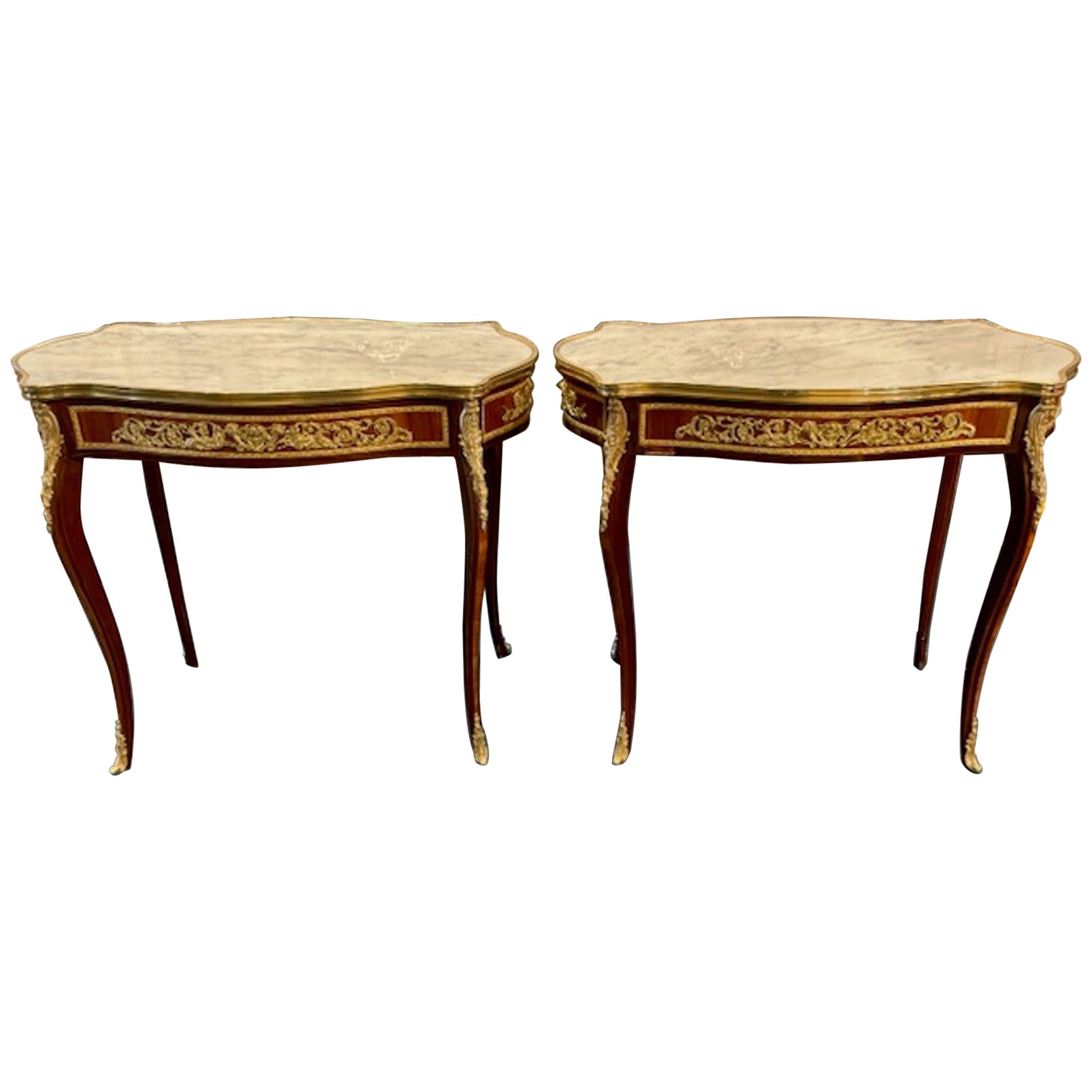 Pair of Louis XV Style Mahogany and Gilt Bronze Tables For Sale