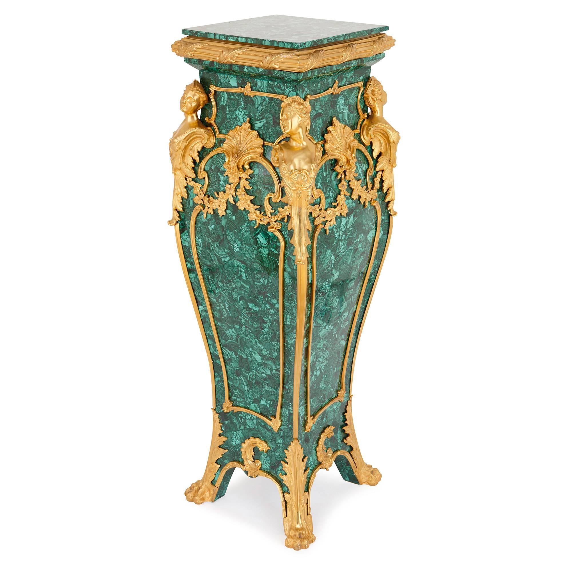 French Pair of Louis XV Style Malachite and Gilt Bronze Pedestals