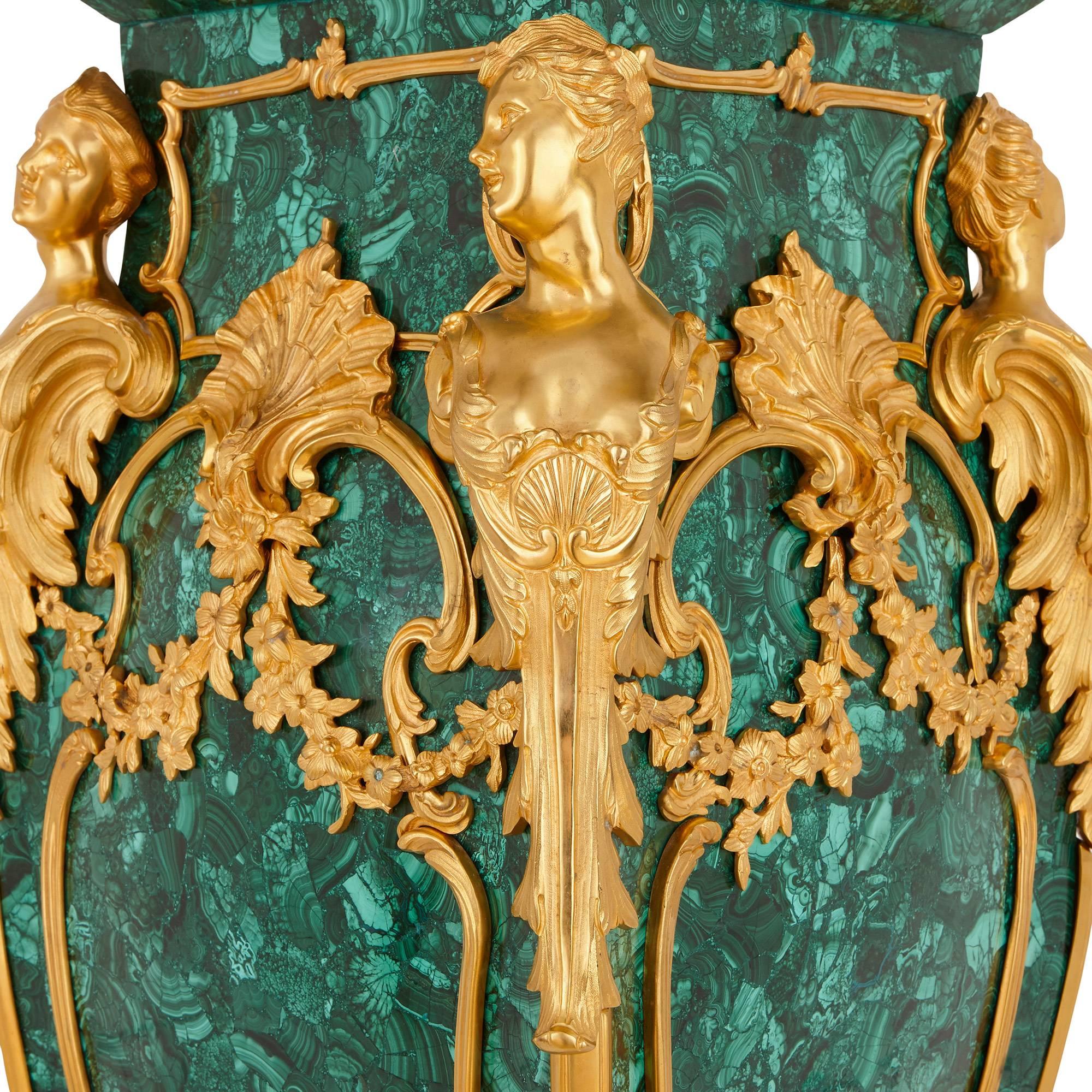 20th Century Pair of Louis XV Style Malachite and Gilt Bronze Pedestals