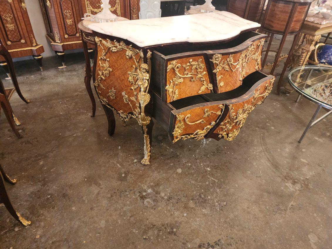 French Pair of Louis XV Style Marble-Top Ormolu Commodes