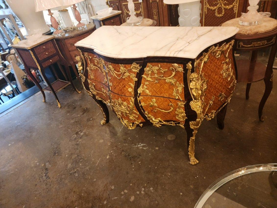 19th Century Pair of Louis XV Style Marble-Top Ormolu Commodes