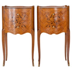 Pair of Louis XV Style Marquetry Bedside Tables with Floral Inlay