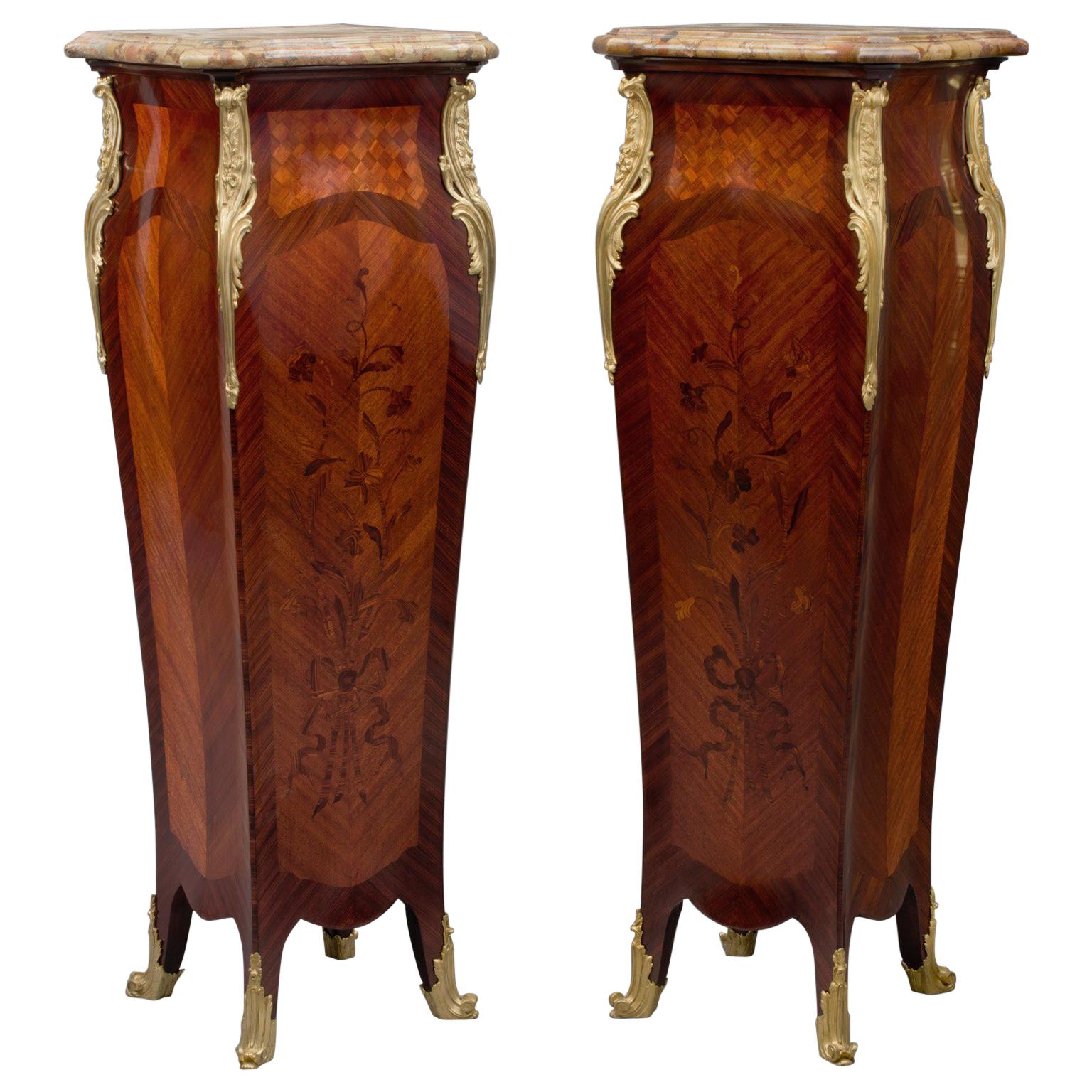 Pair Of Louis XV Style Marquetry Inlaid Pedestals, circa 1880 For Sale