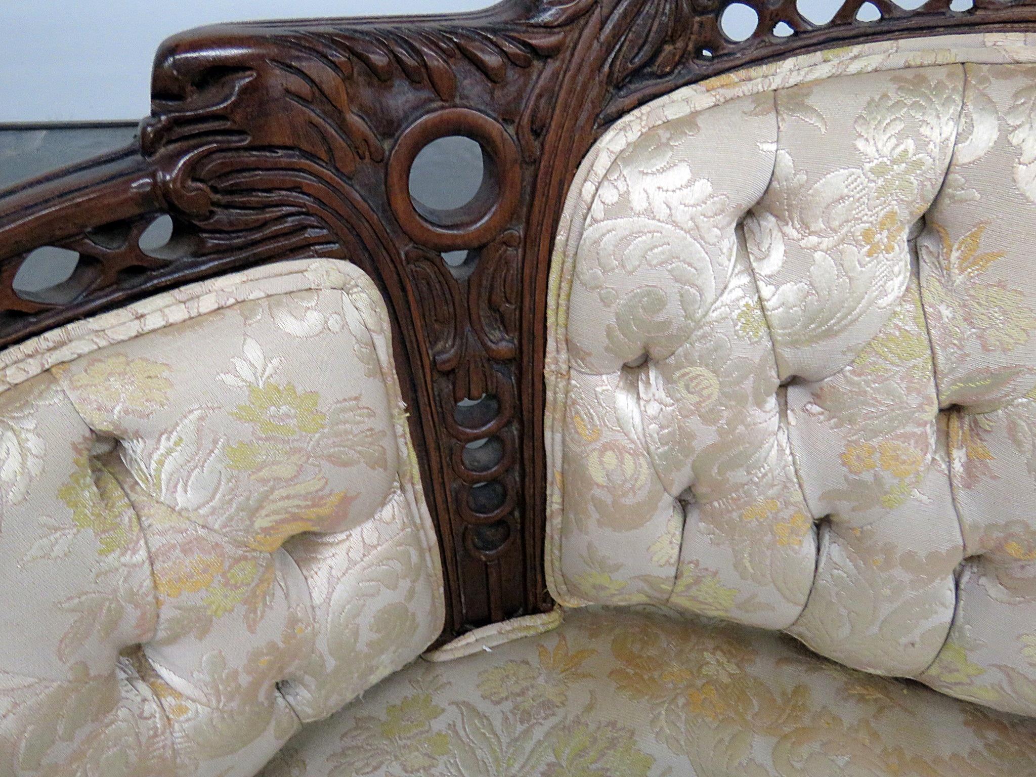 Pair of French Carved Mahogany Tufted Louis XV Style Marquis Bergere Chairs 3