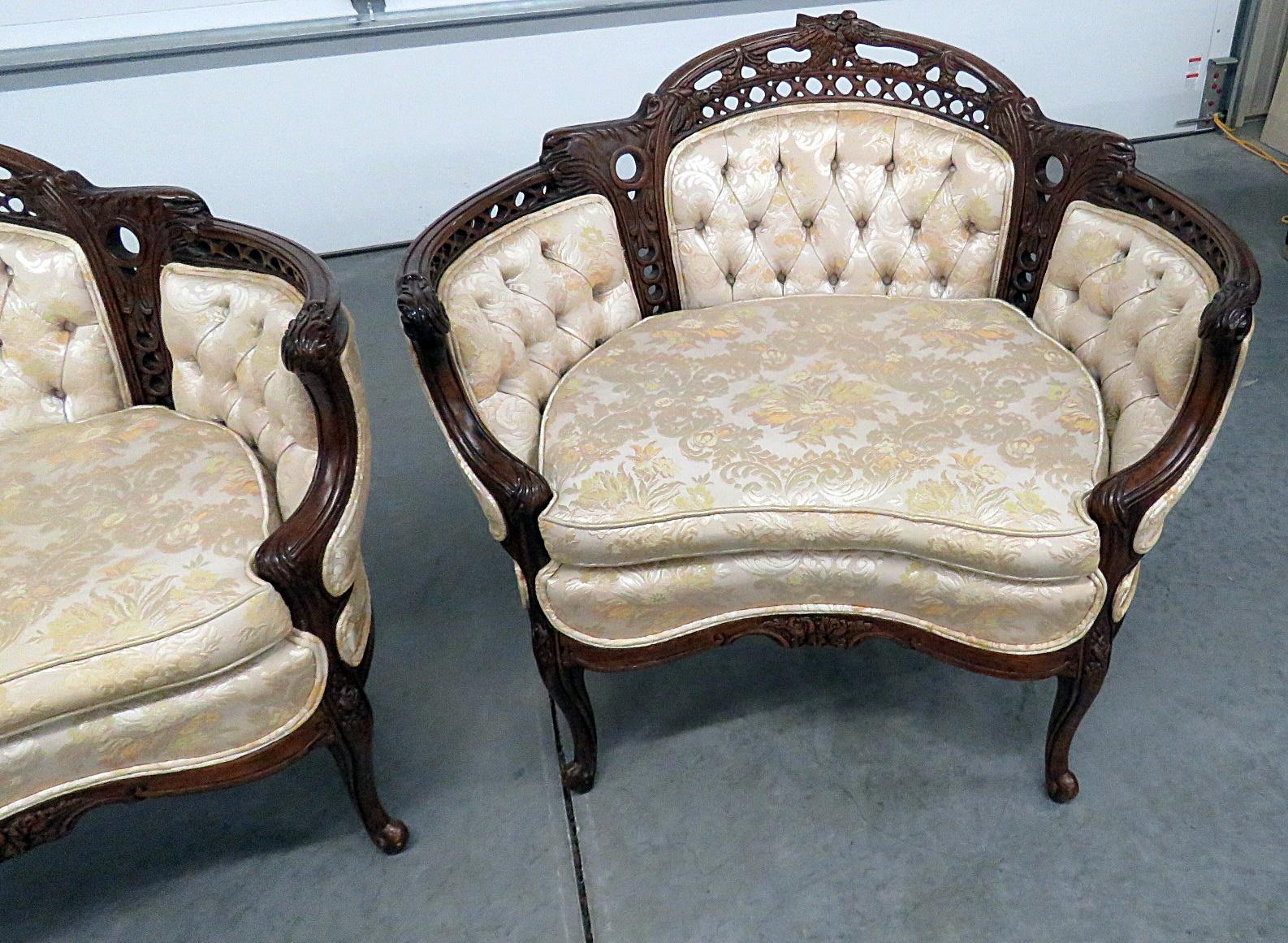 Pair of French Carved Mahogany Tufted Louis XV Style Marquis Bergere Chairs In Good Condition In Swedesboro, NJ