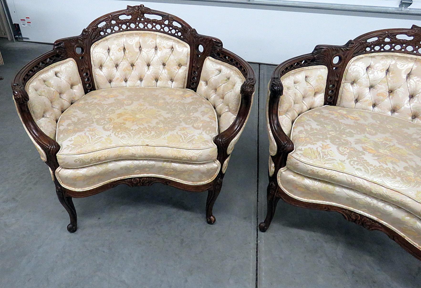 American Pair of French Carved Mahogany Tufted Louis XV Style Marquis Bergere Chairs