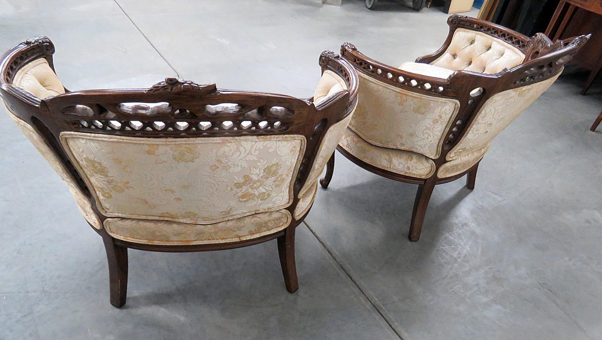 Pair of French Carved Mahogany Tufted Louis XV Style Marquis Bergere Chairs 1