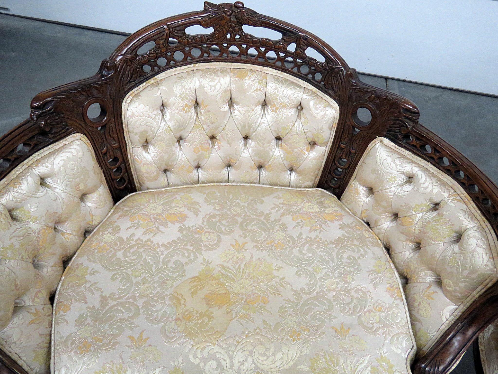 20th Century Pair of French Carved Mahogany Tufted Louis XV Style Marquis Bergere Chairs